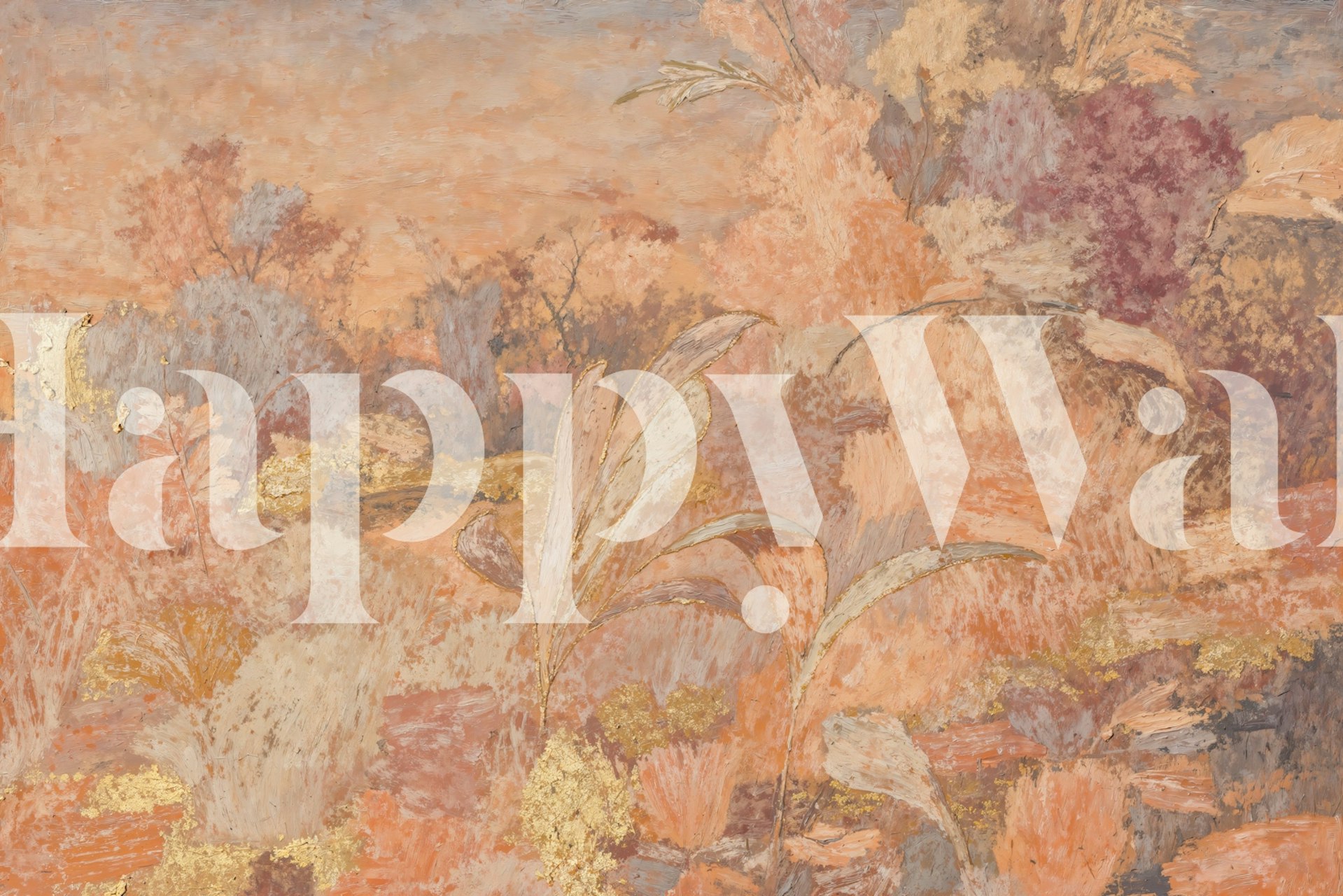 Botanical wallpaper with warm orange, gold, and muted purple hues, rustic style