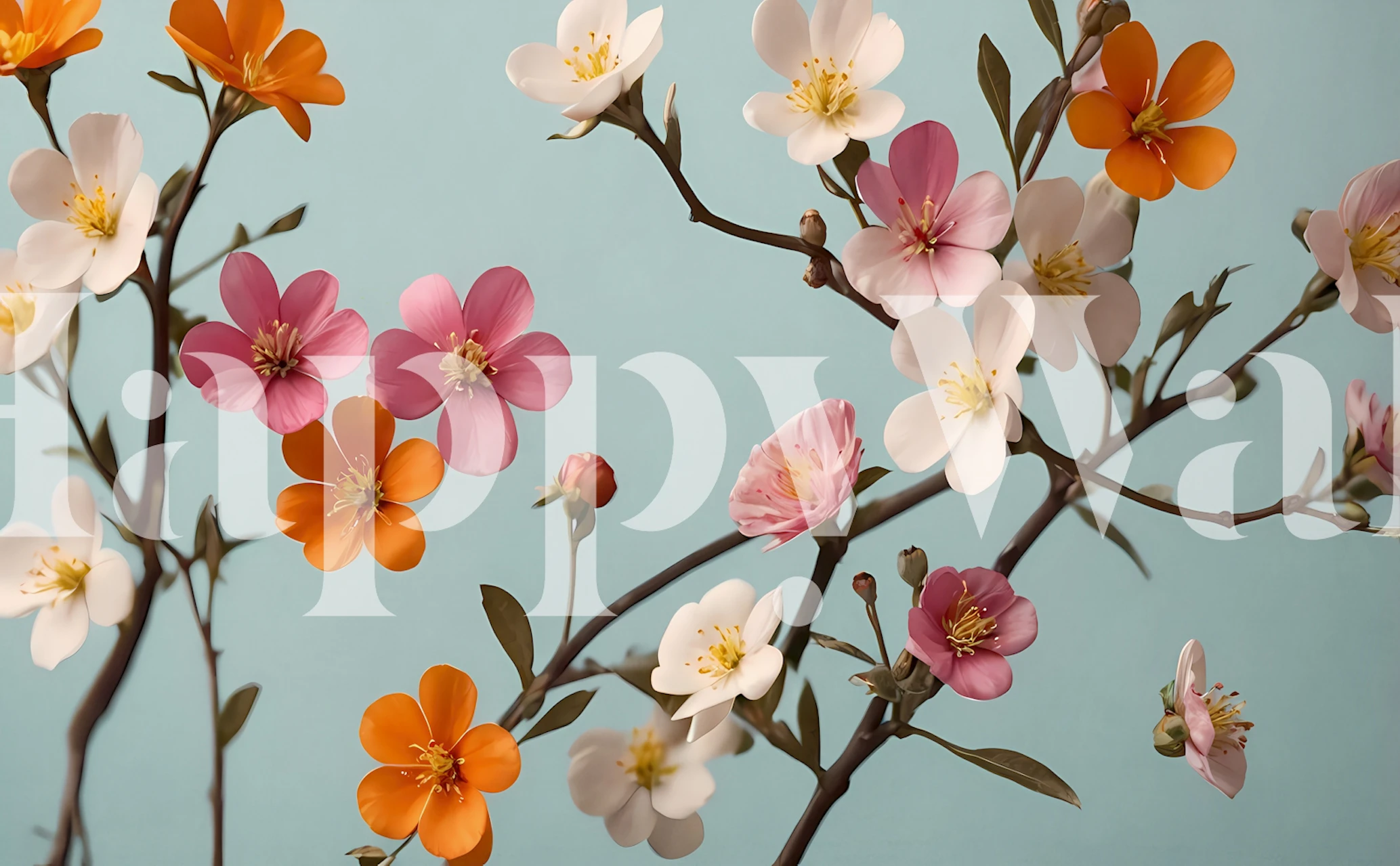 Cherry blossoms in pink, white, and orange on blue background wallpaper