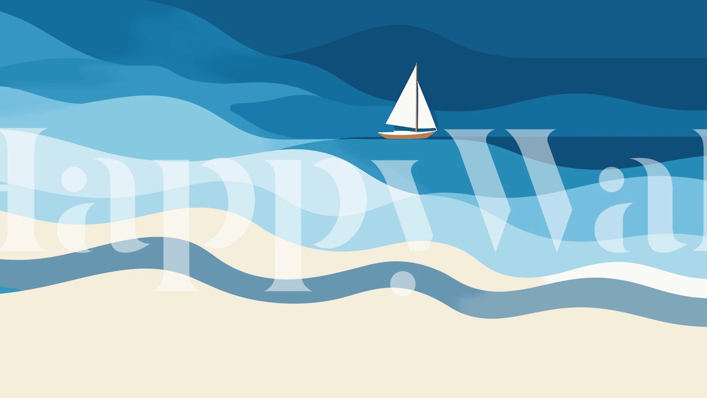 Sailboat on layered blue ocean waves with cream sand wallpaper