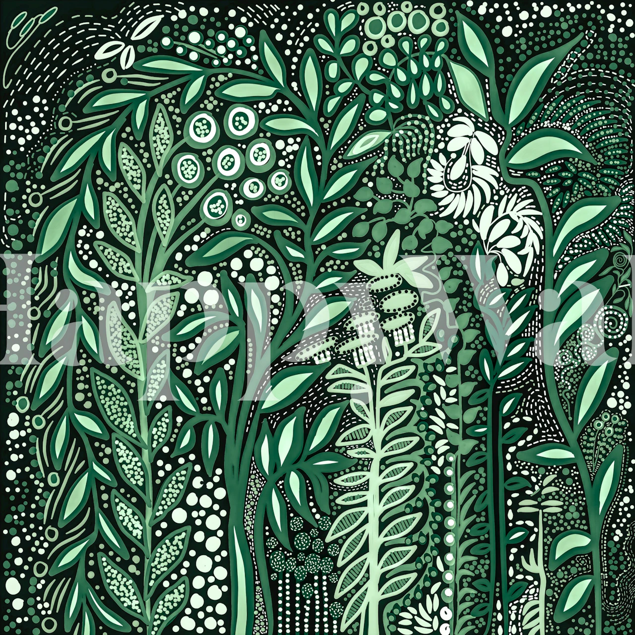 Lush green botanical patterns with detailed leaves and white flowers on black wallpaper