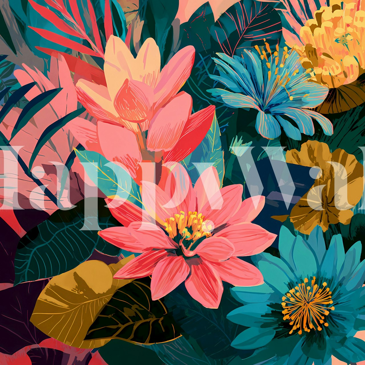 Tropical floral wallpaper featuring pink and blue blooms with green leaves