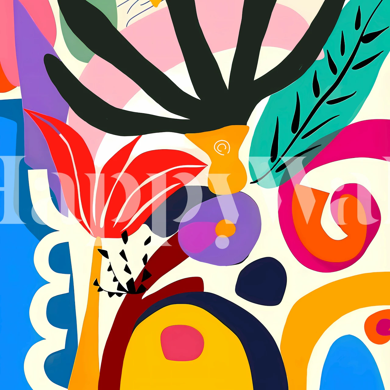 Colorful abstract floral patterns with blue, pink, and red shapes wallpaper