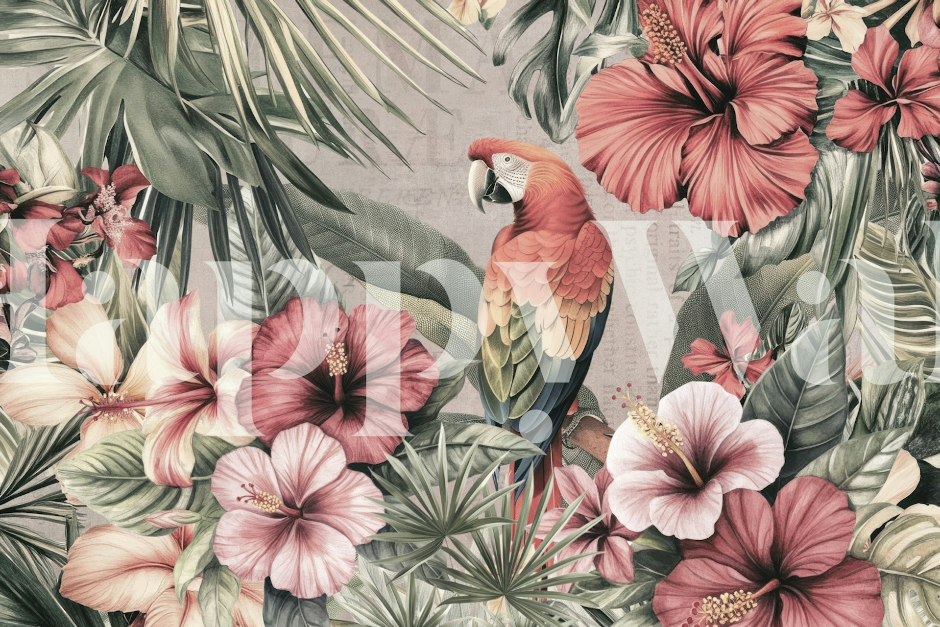 Design de papel de parede floral tropical em um quarto