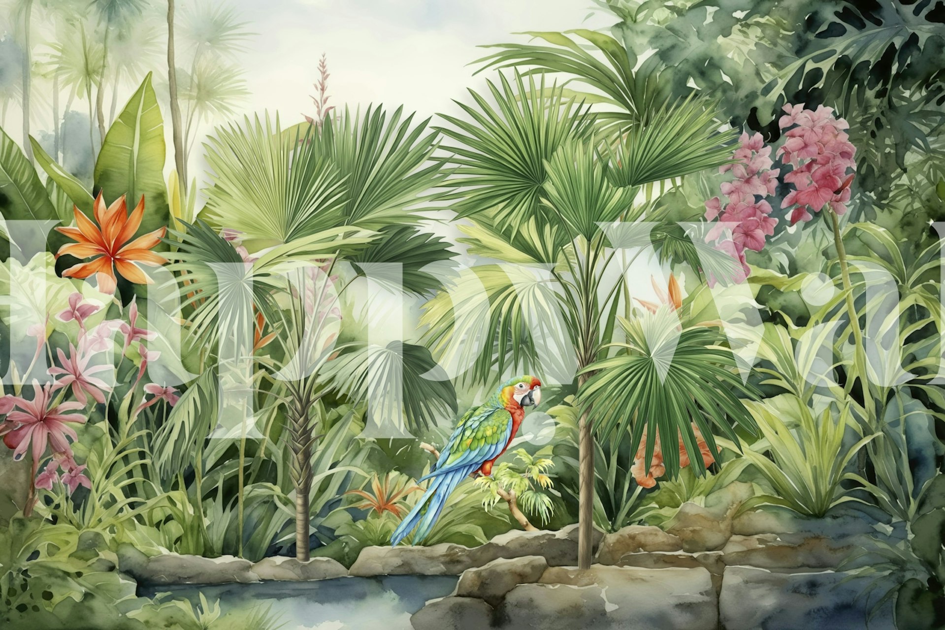 Tropical wallpaper with parrot and plants