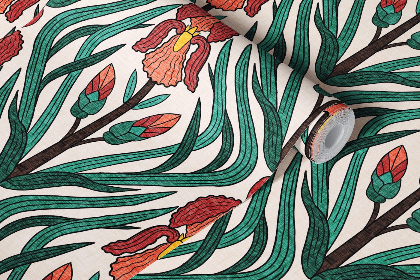Coral Iris in Art Nouveau Style - wallpaper roll