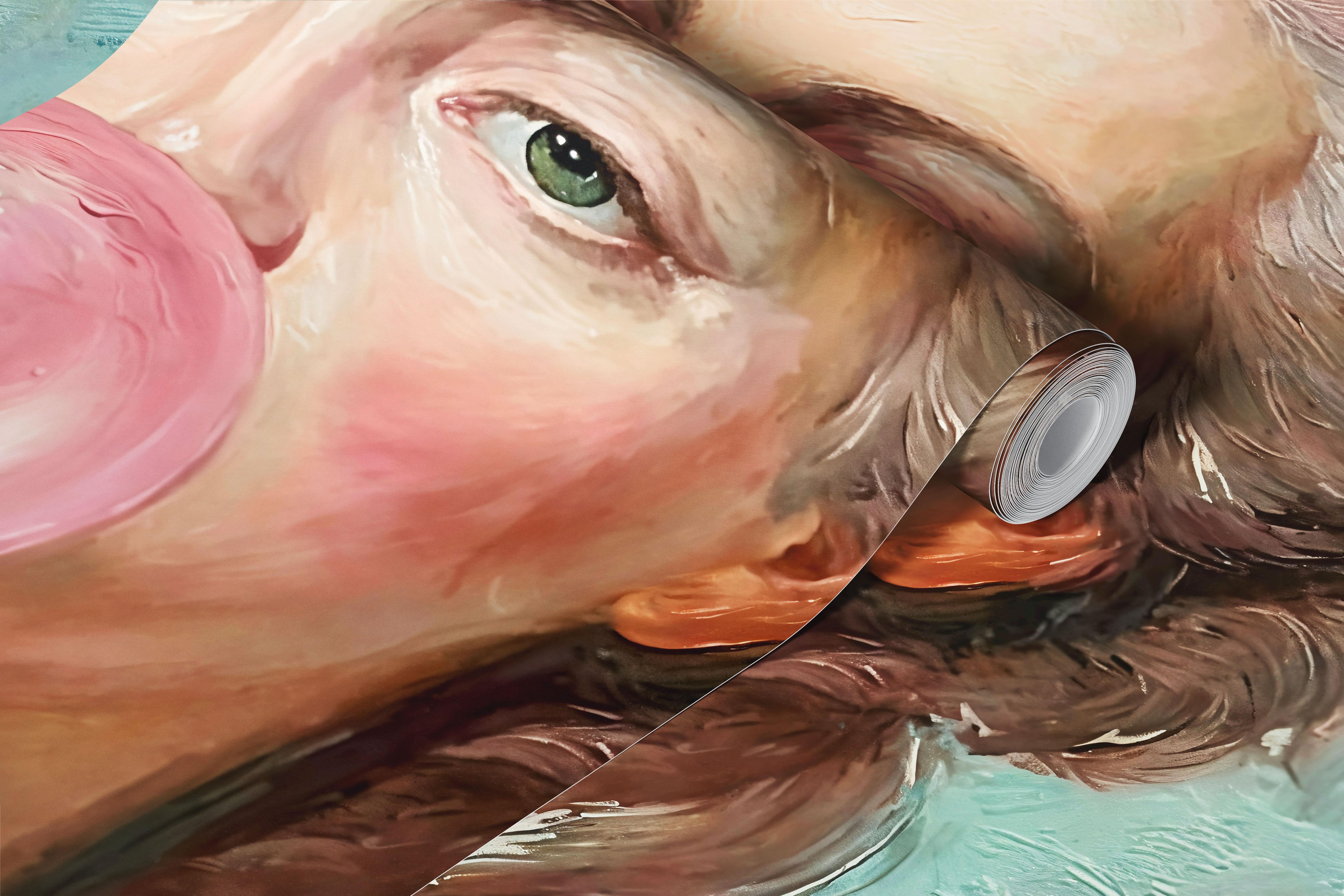 Vintage portrait of woman blowing bubble gum in pinks and greens wallpaper