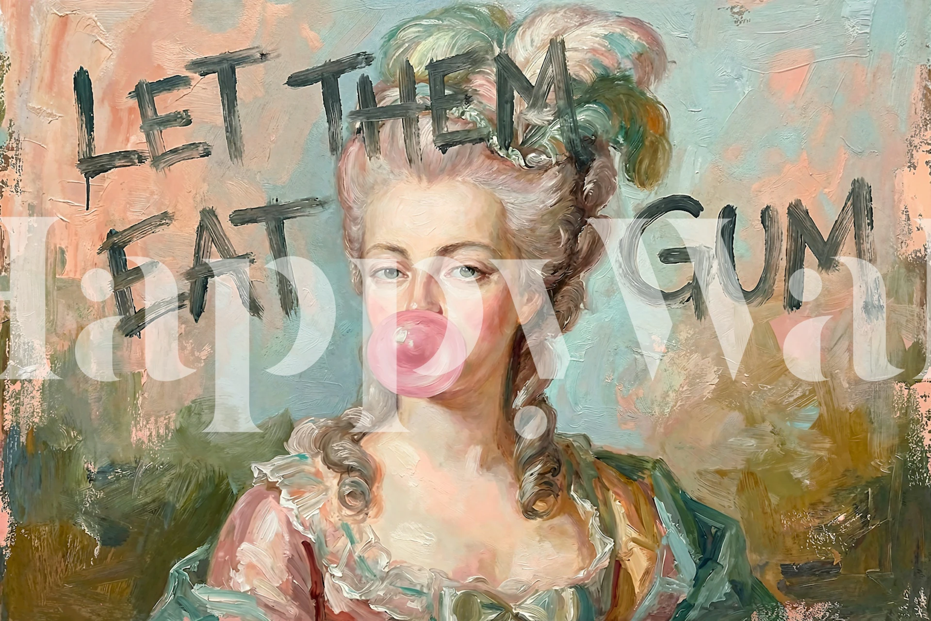 Vintage portrait of woman blowing bubble gum in pinks and greens wallpaper