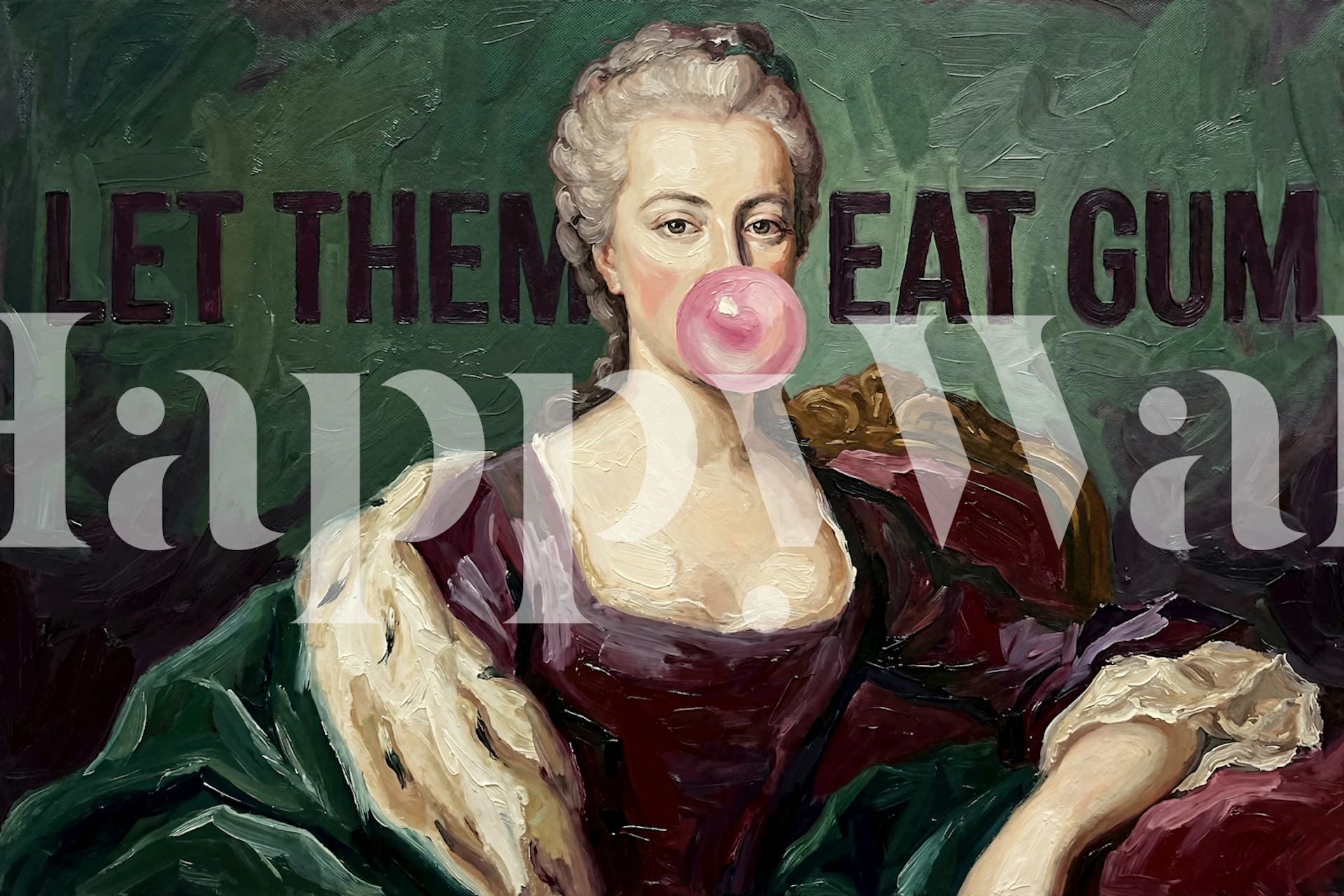 Vintage portrait of a woman chewing bubblegum, vivid colors, pop art style wallpaper