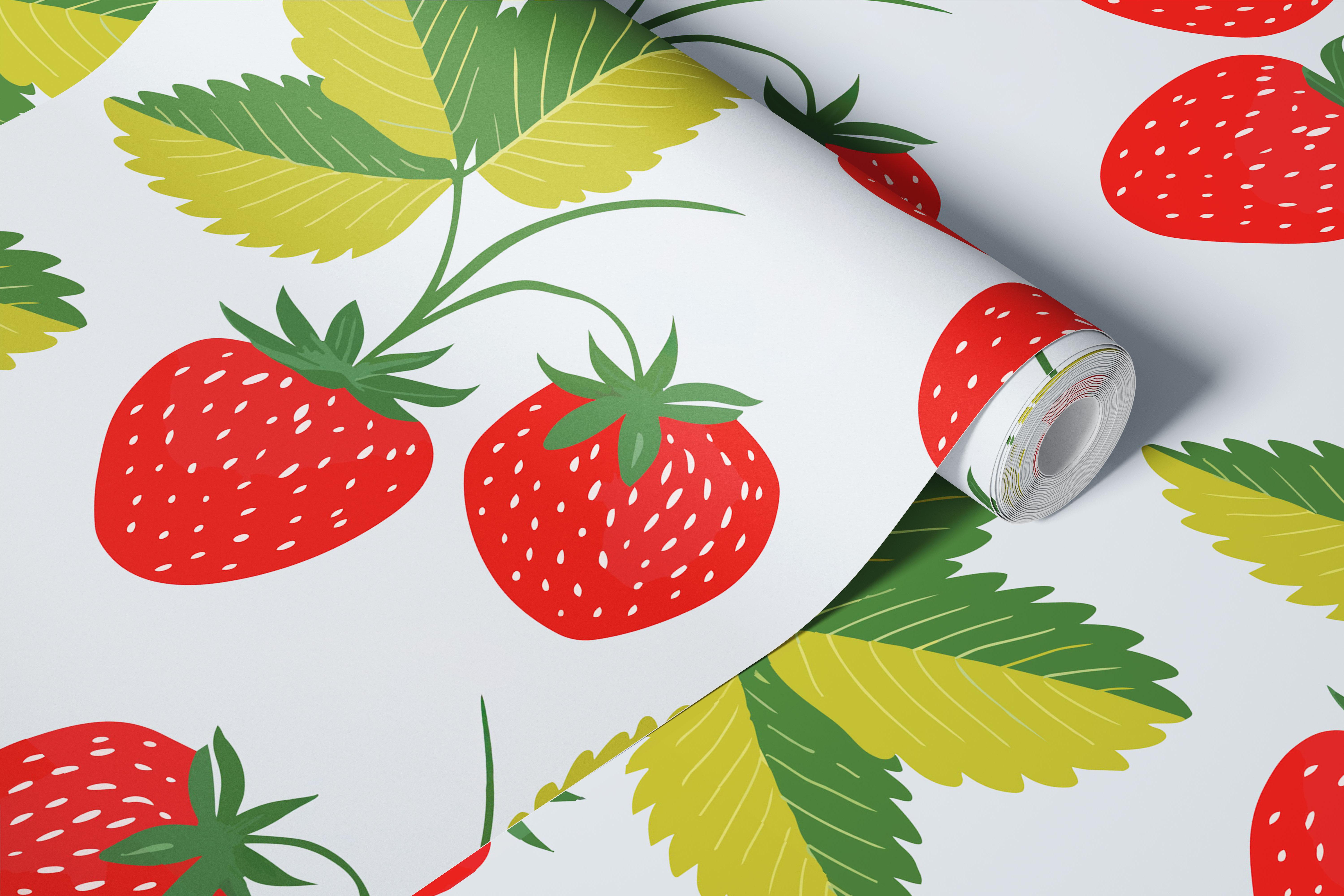 Red strawberries with green leaves on light background wallpaper