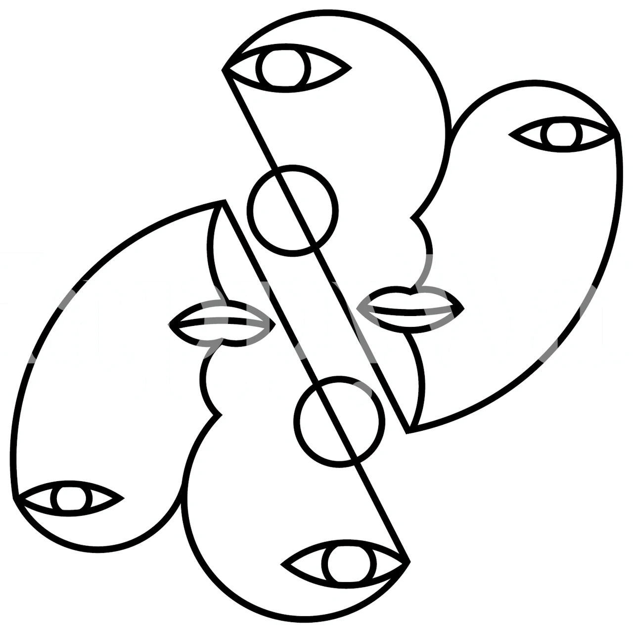 Black and white line art heart wallpaper with abstract faces