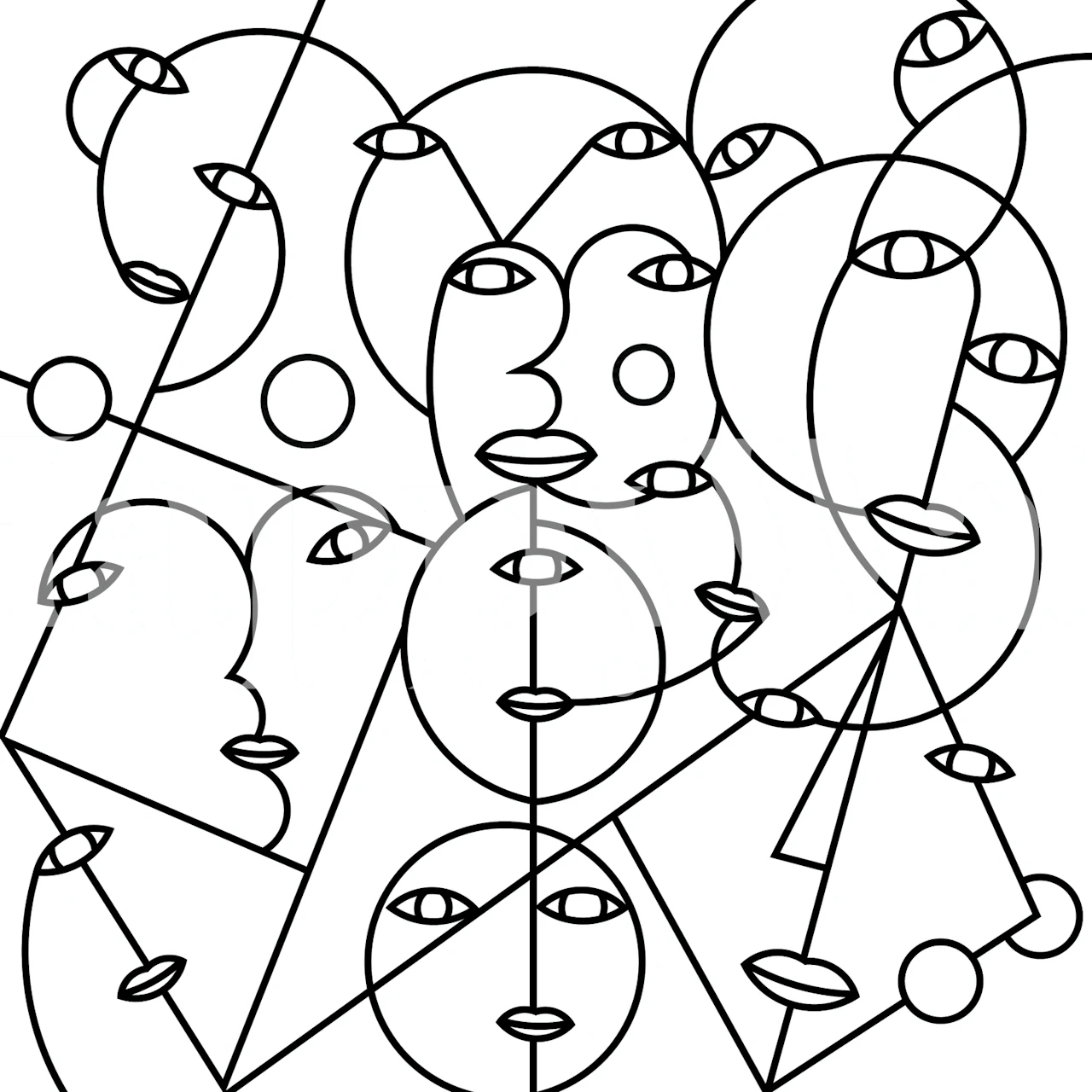 Black abstract geometric wallpaper featuring shapes and faces