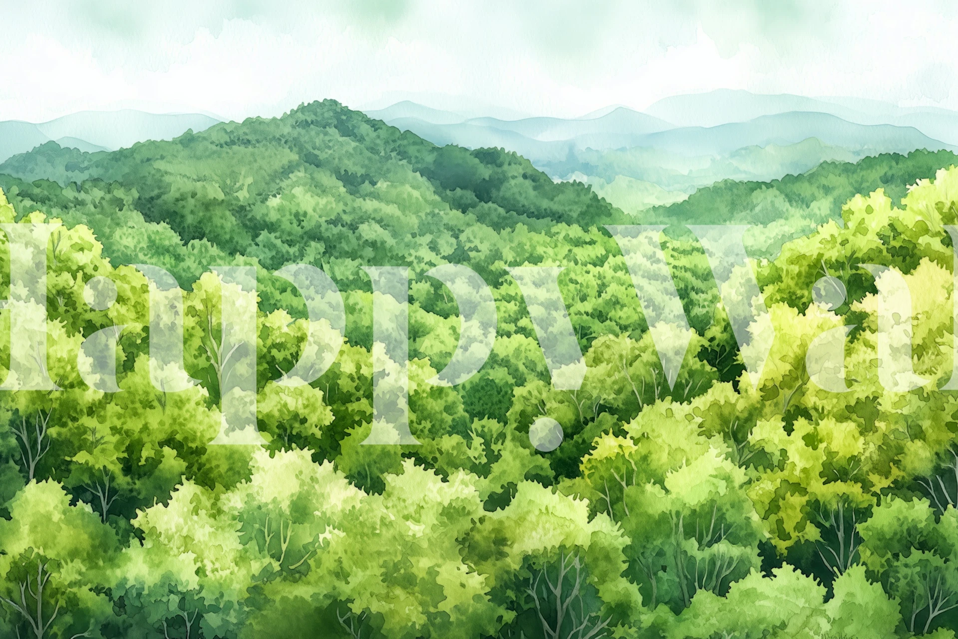 Lush green forest landscape with various green tones wallpaper