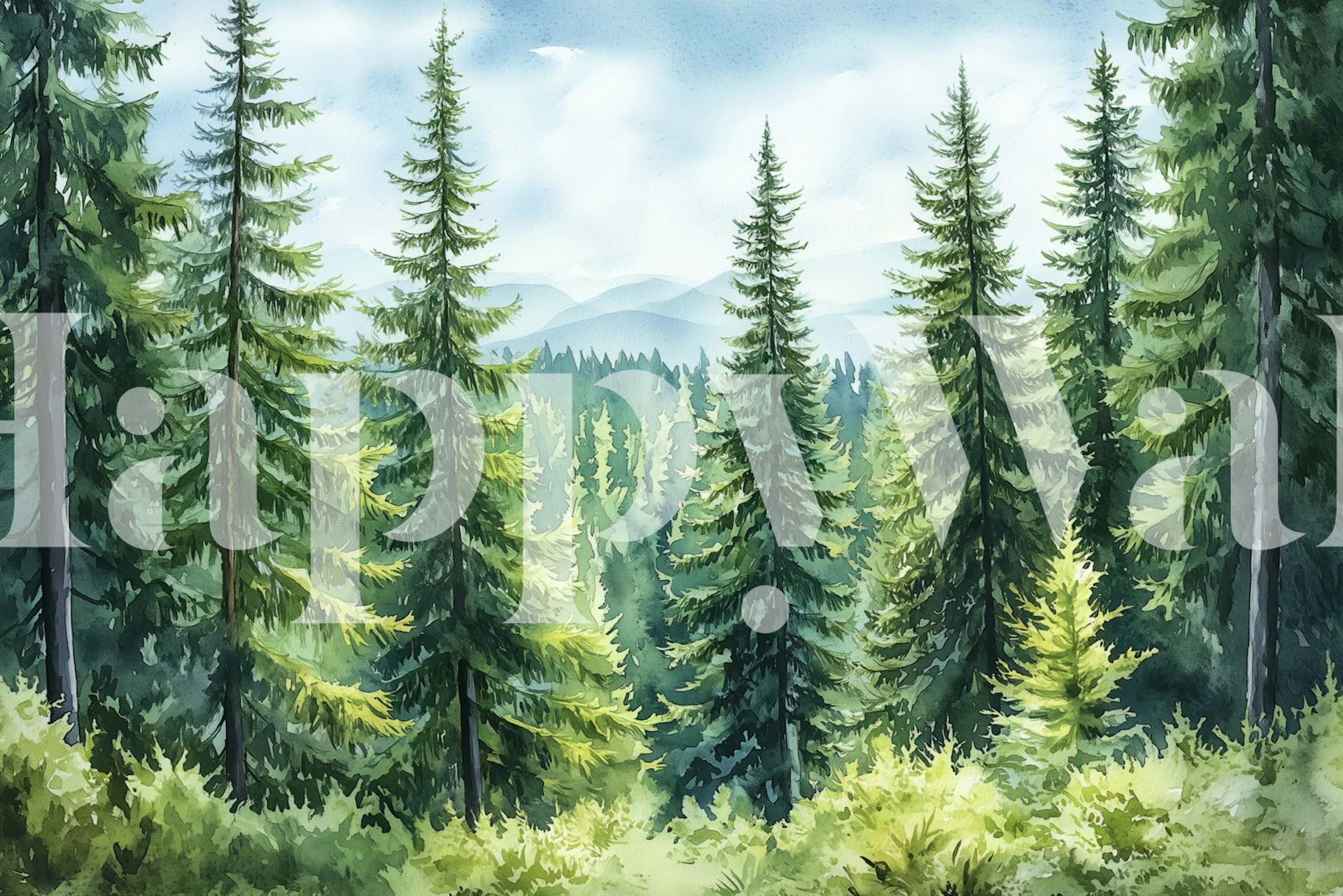 Lush green pine trees with distant mountains and blue sky wallpaper