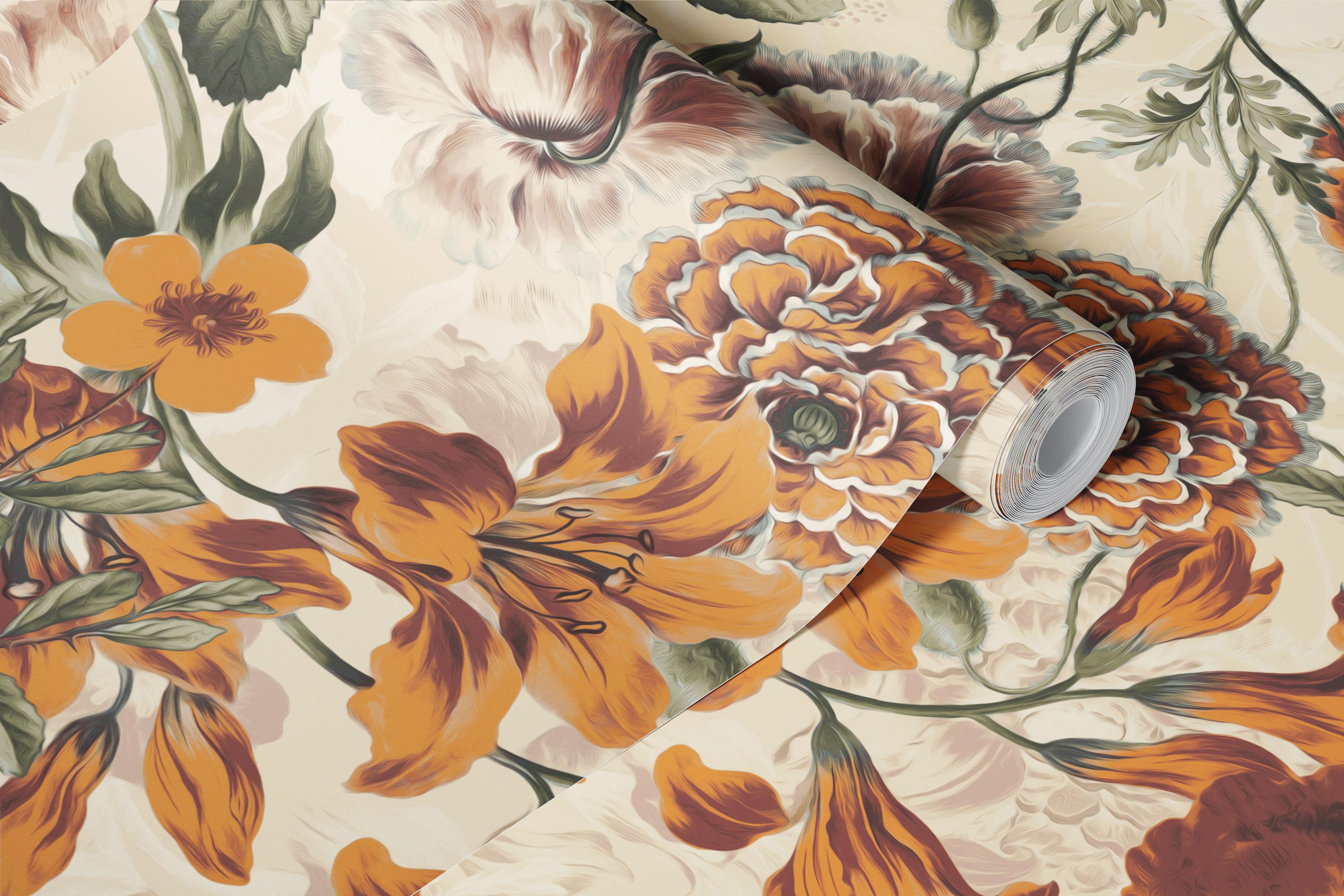 Floral vintage wallpaper with warm orange and green patterns