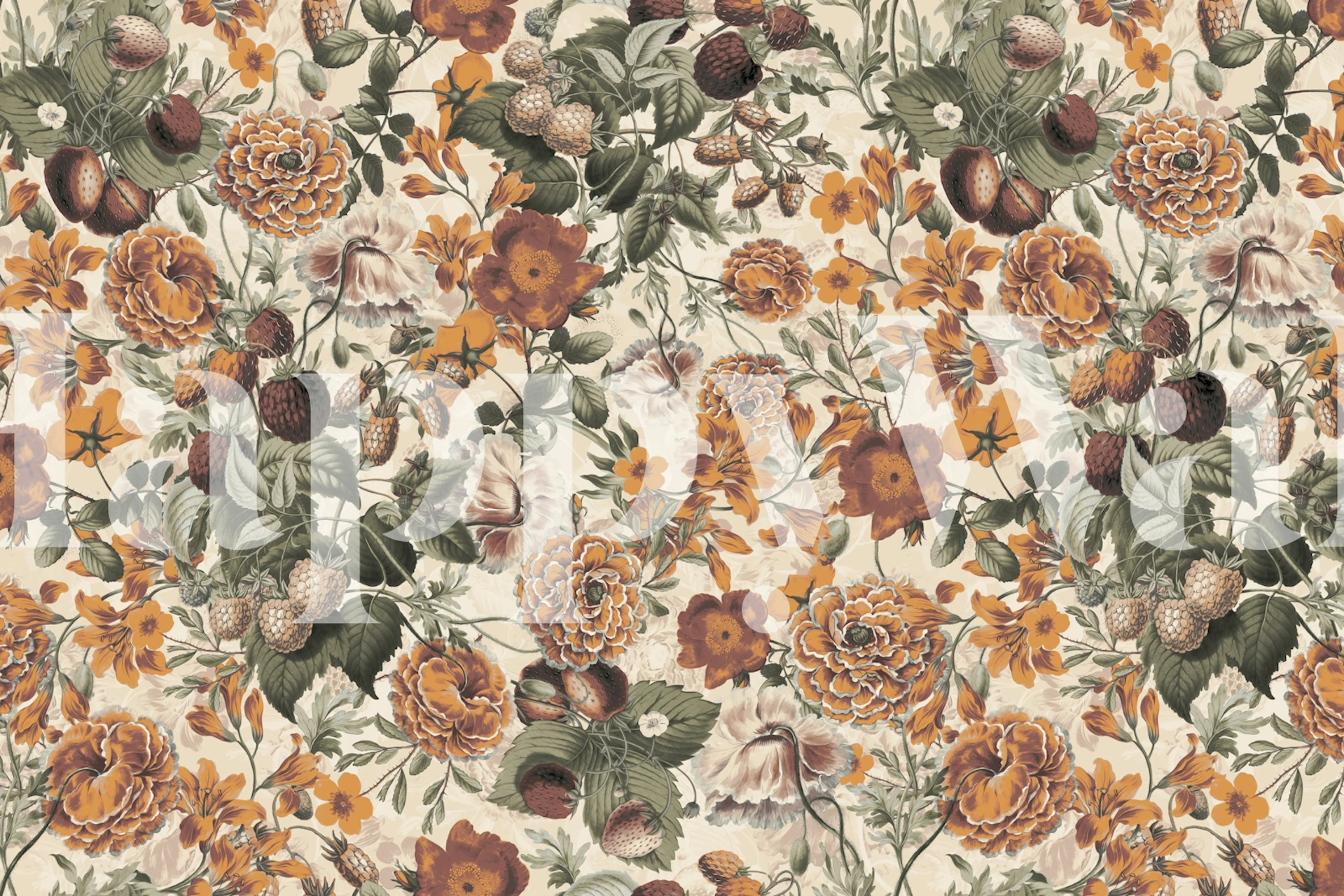 Floral vintage wallpaper with warm orange and green patterns