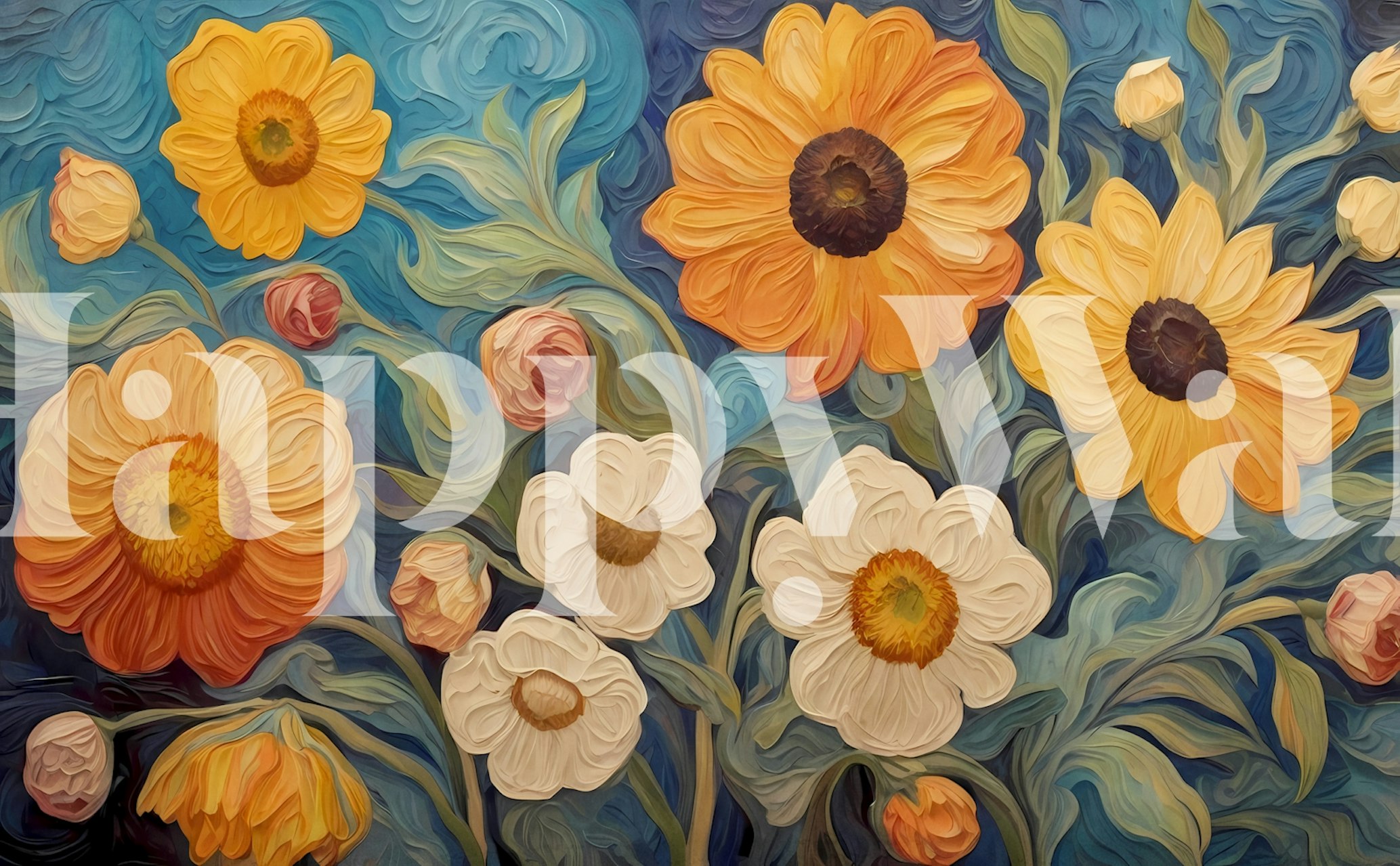 Colorful sunflowers and flowers on blue background wallpaper