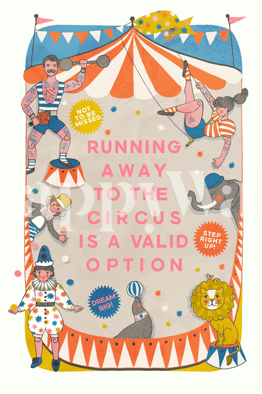 Colorful vintage circus wallpaper with performers, animals