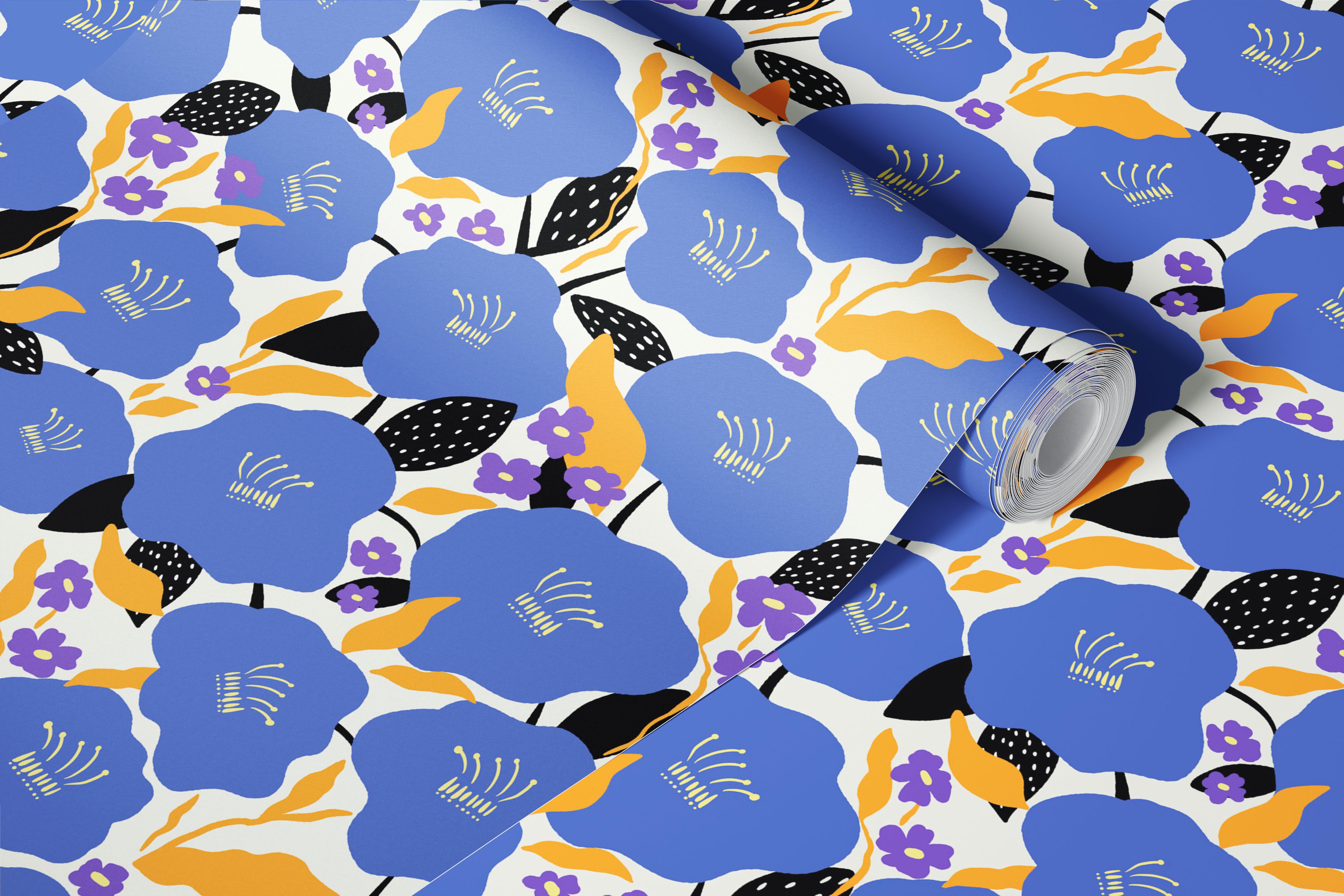 Vibrant blue floral pattern with yellow and black accents wallpaper
