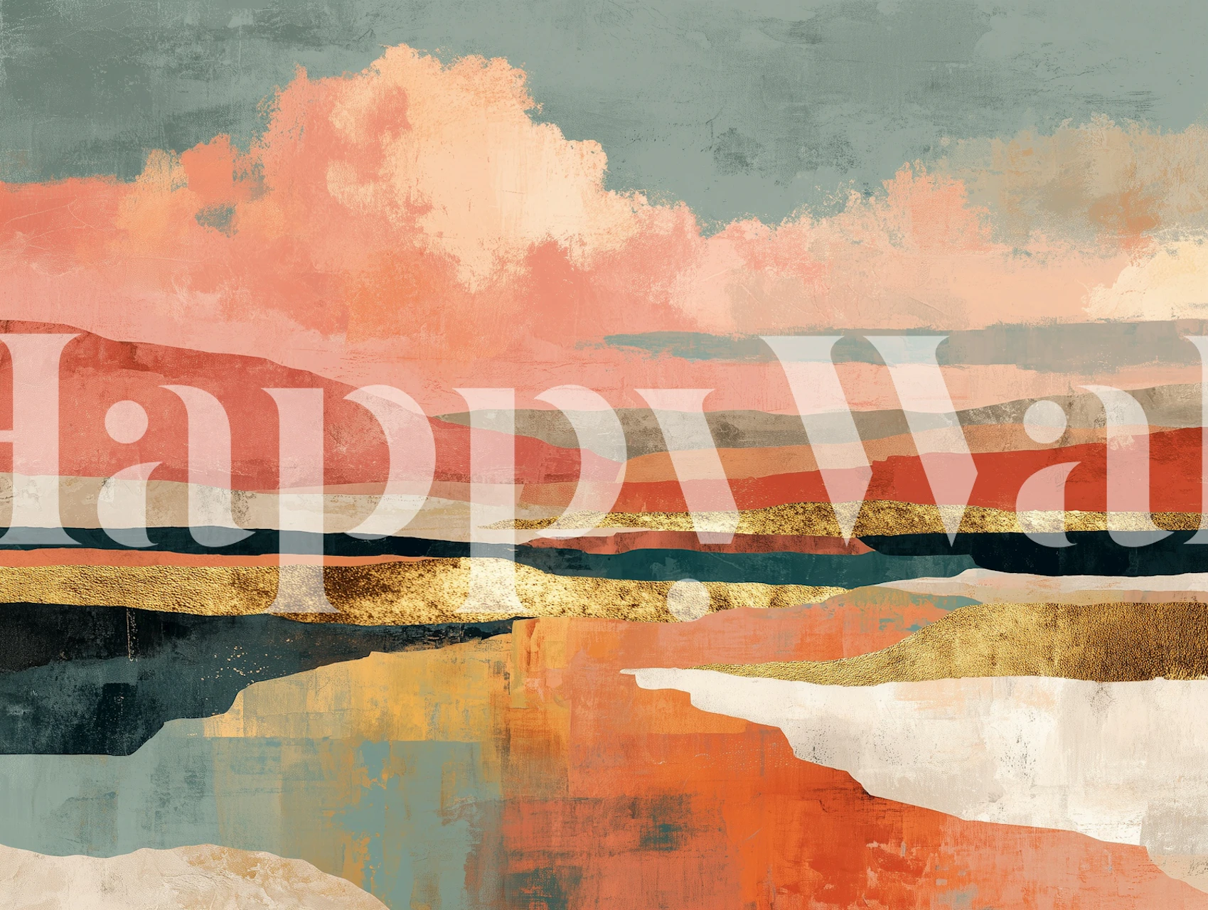 Abstract warm sunset mural in peach, teal, and gold tones wallpaper