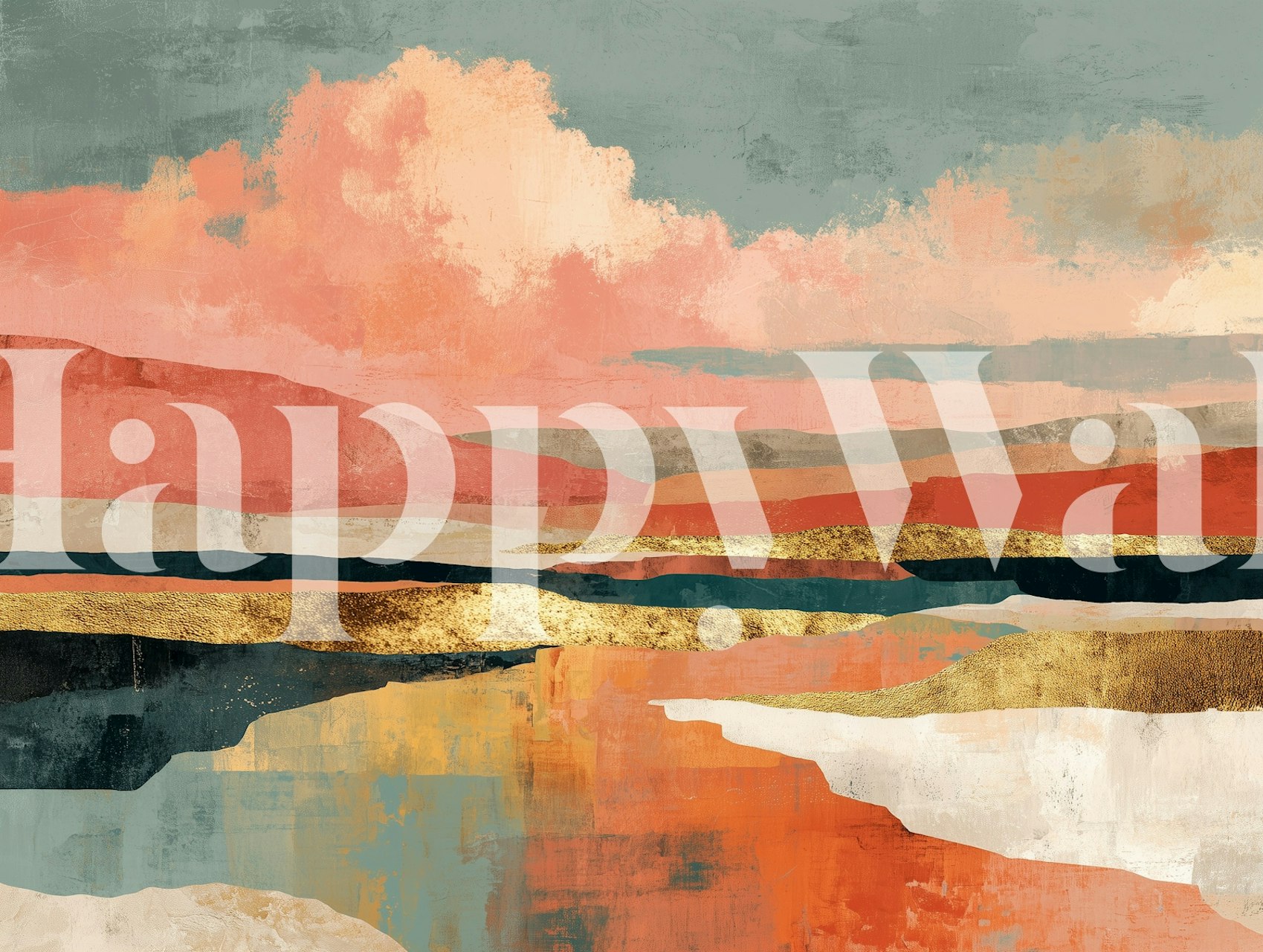 Abstract warm sunset mural in peach, teal, and gold tones wallpaper