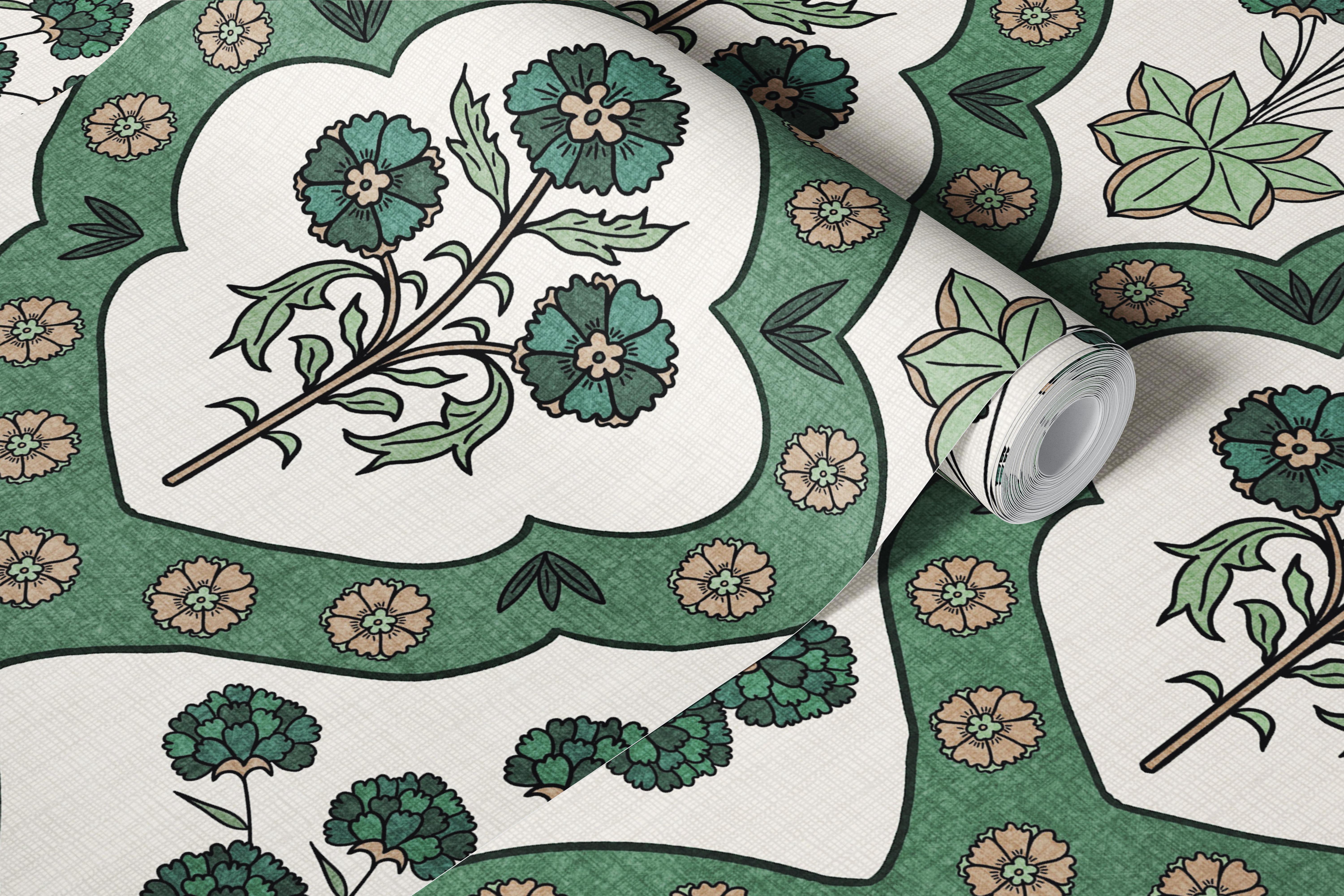 Tapeta s květinovým medailonem v pokoji.