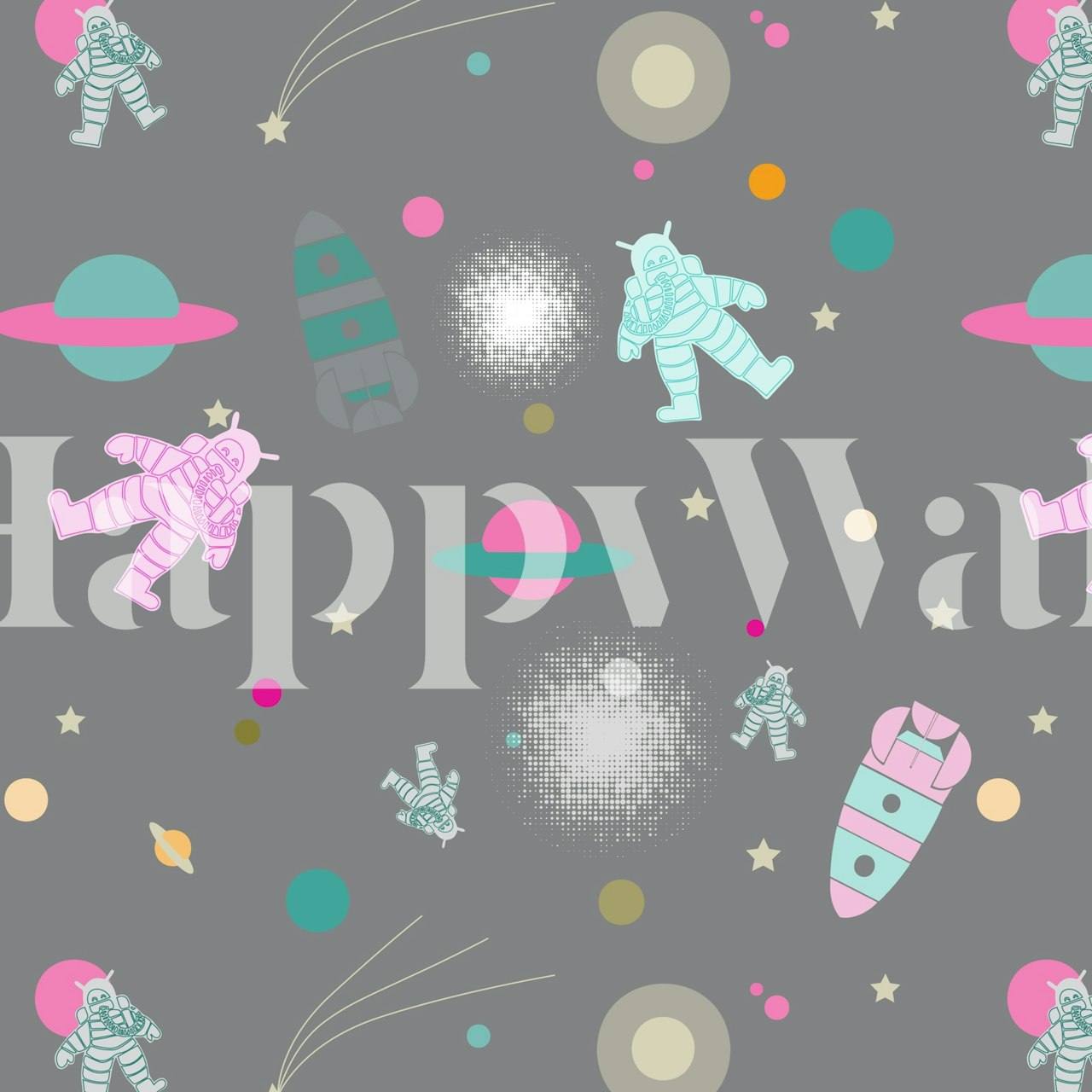 Playful astronaut and planet wallpaper in a room