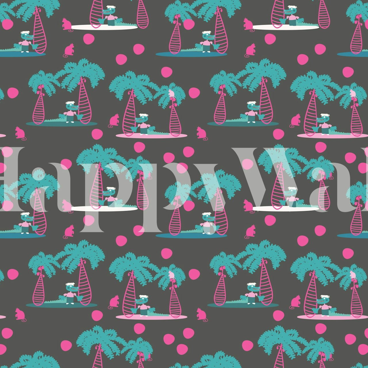 Cartoon crocodiles and palm trees on dark background tropical wallpaper