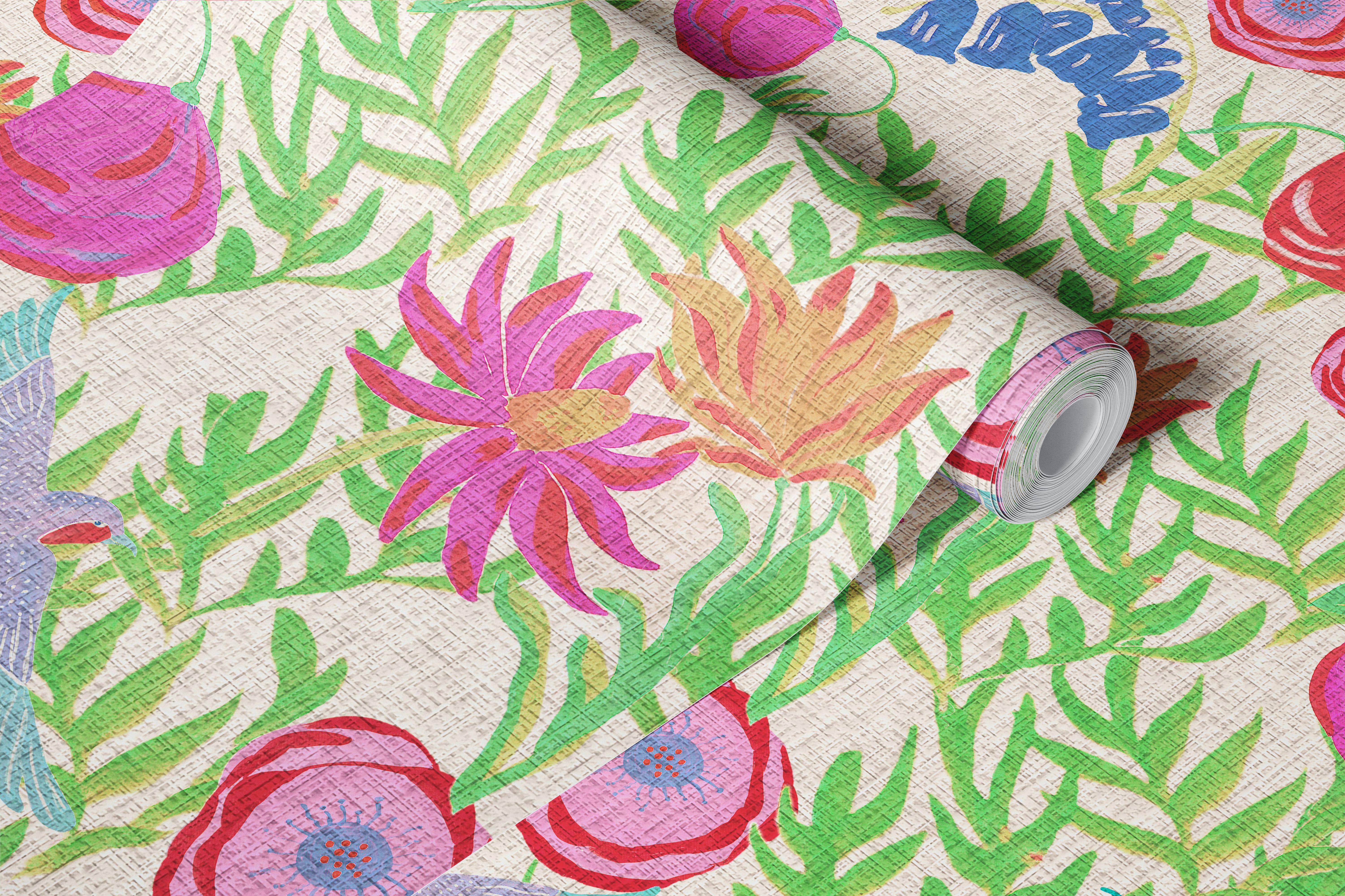 Colorful flowers and birds on green background wallpaper