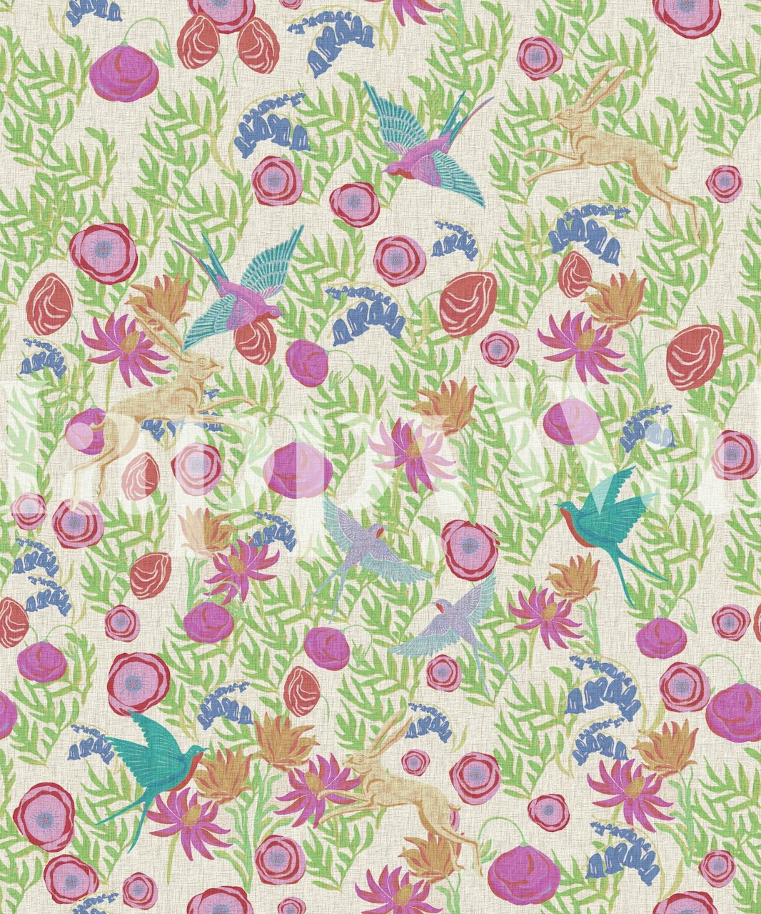 Colorful flowers and birds on green background wallpaper