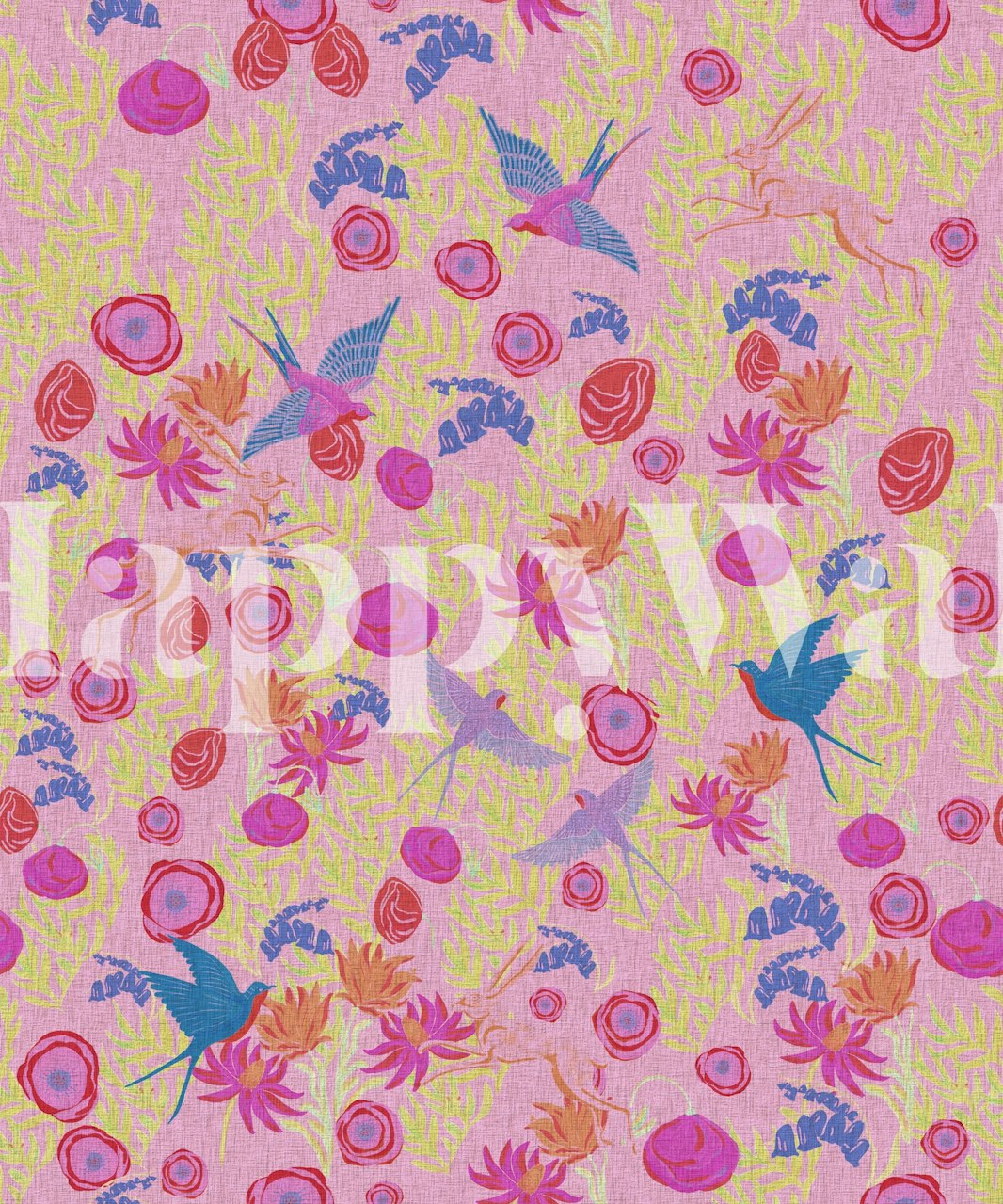 Poppies and swallows pink mural in a room