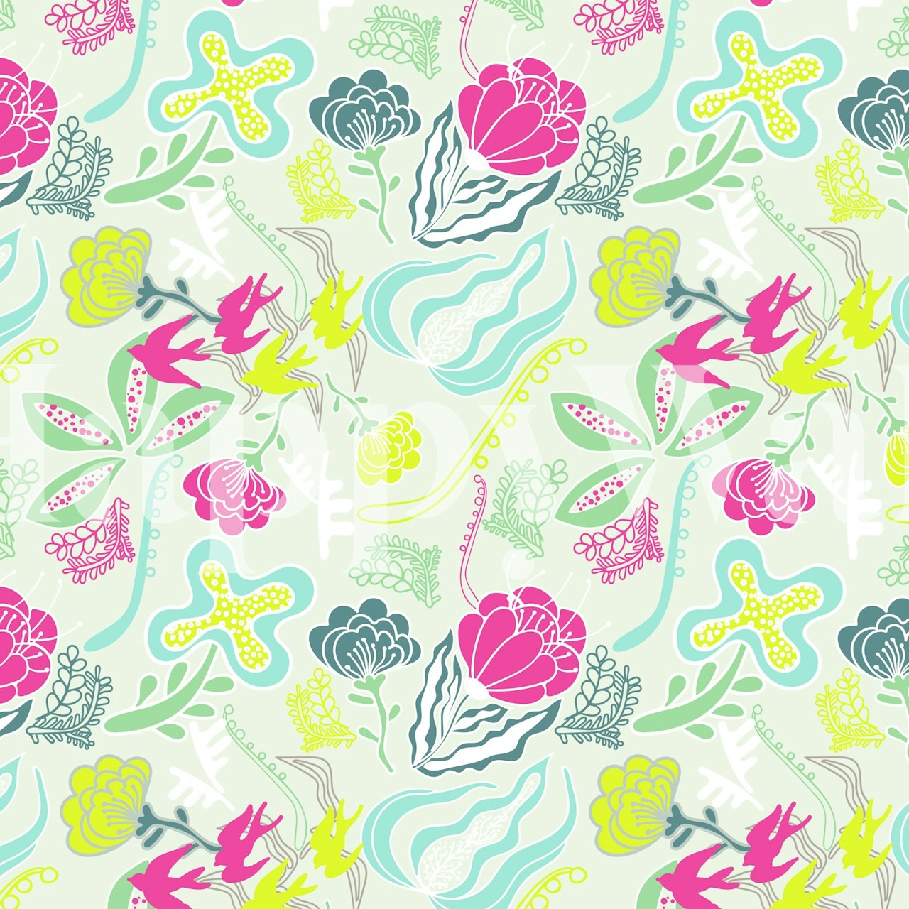 Colorful floral patterns in pink, green, and aqua wallpaper