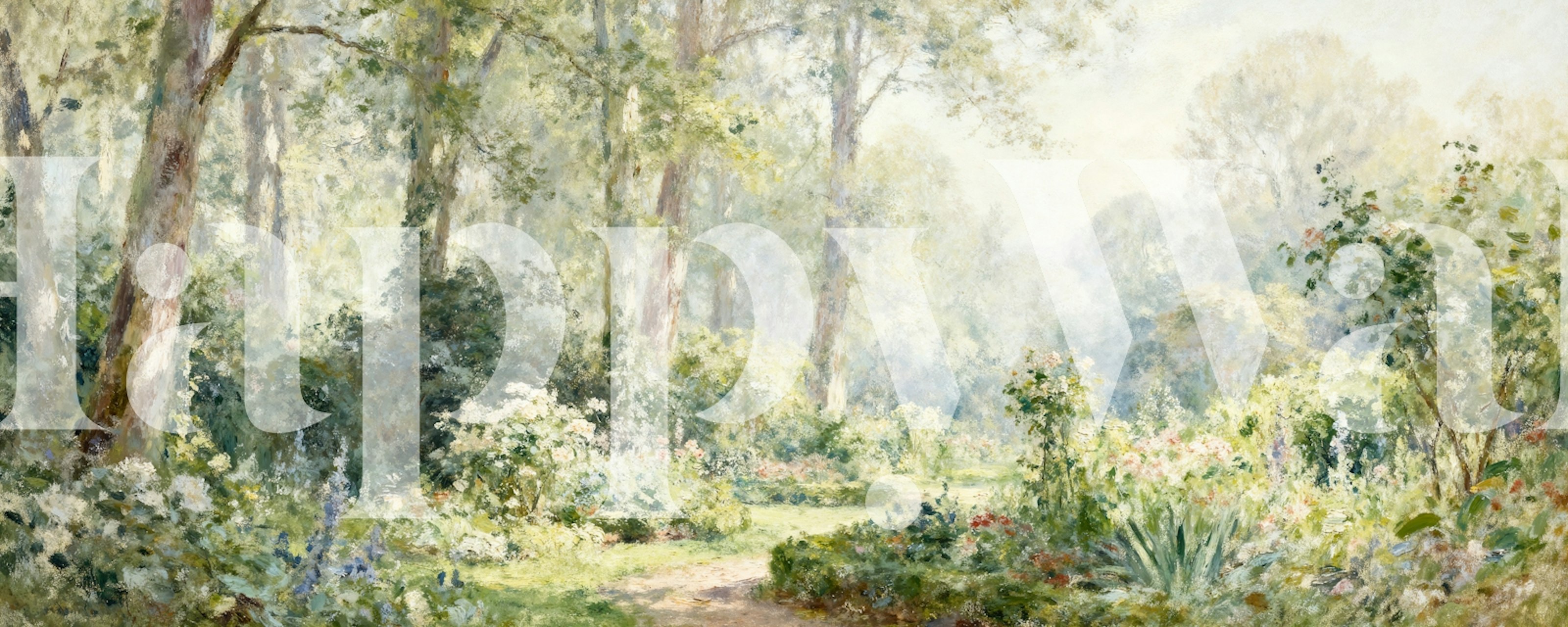 Floral garden landscape in soft pastels wallpaper