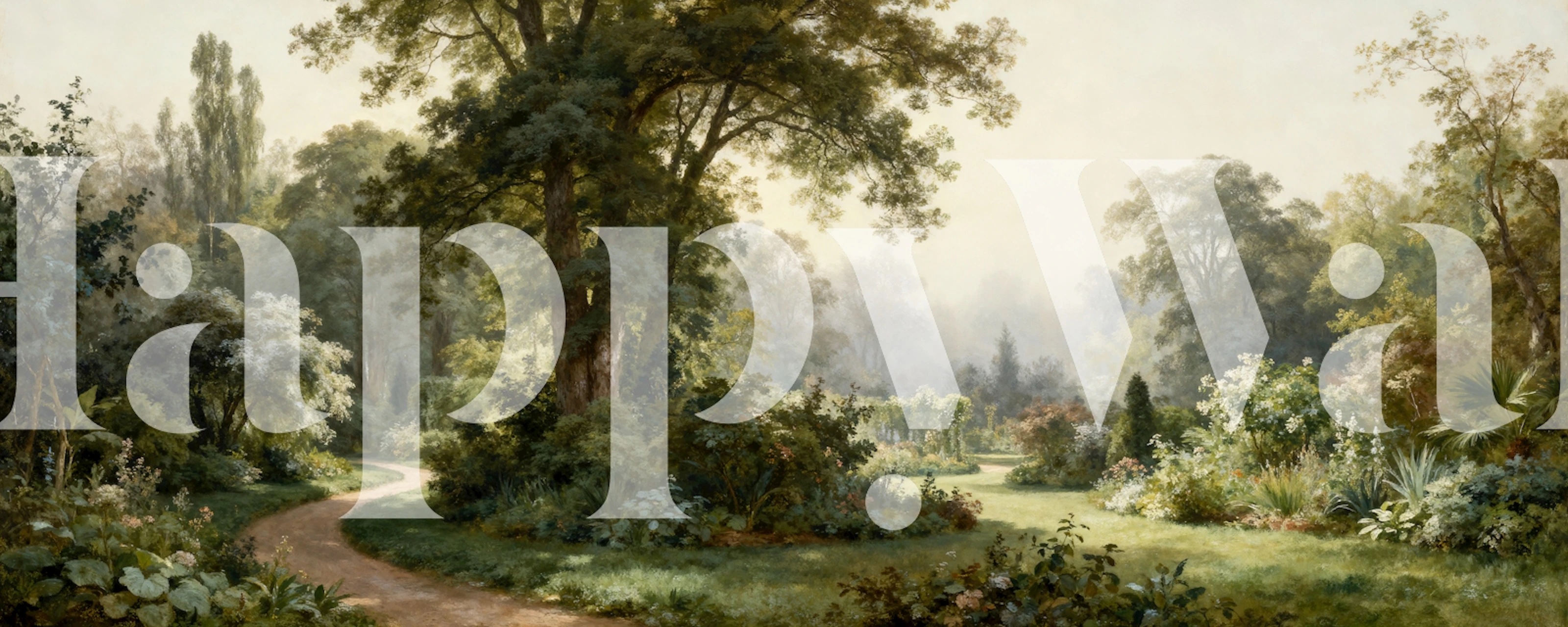 Tranquil garden pathway wallpaper displayed in room