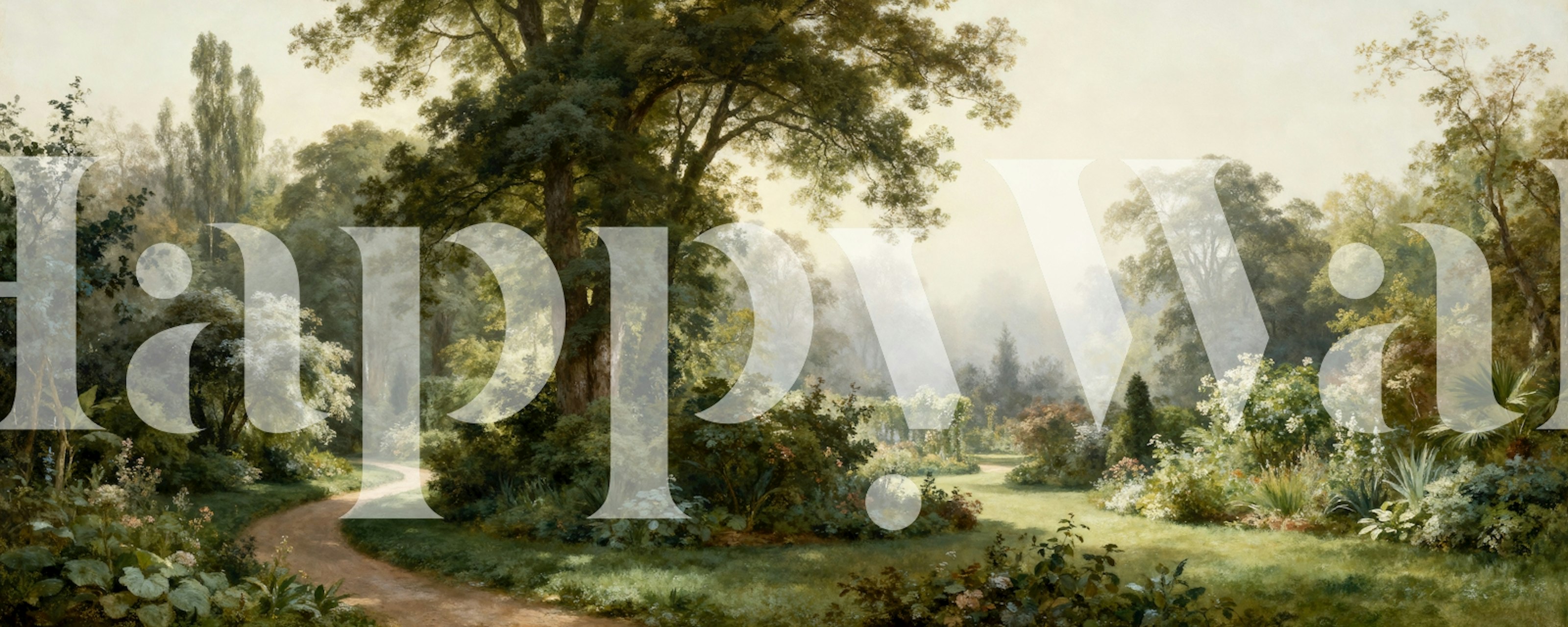 Tranquil garden pathway wallpaper displayed in room