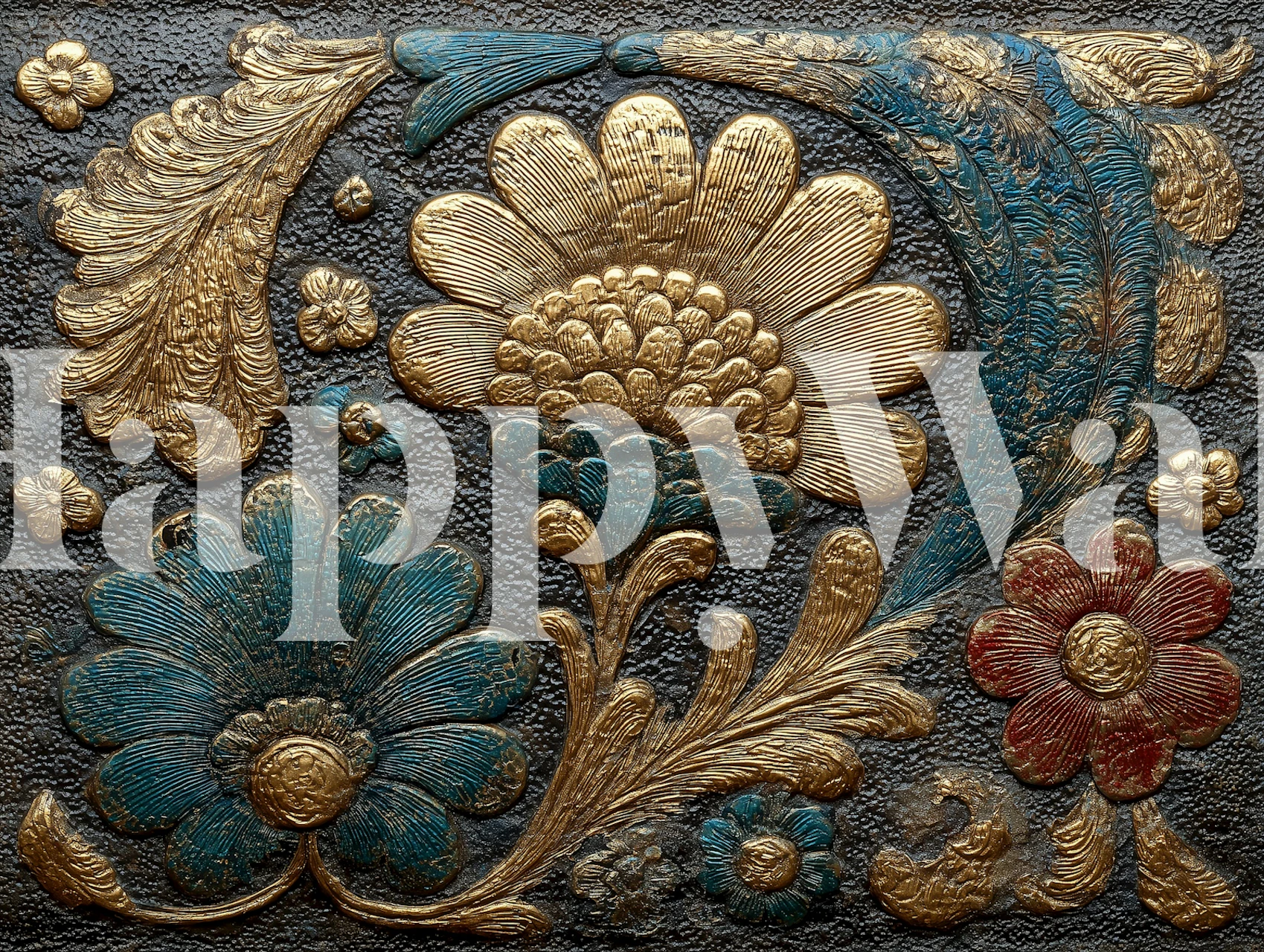 Gold and teal botanical floral pattern wallpaper