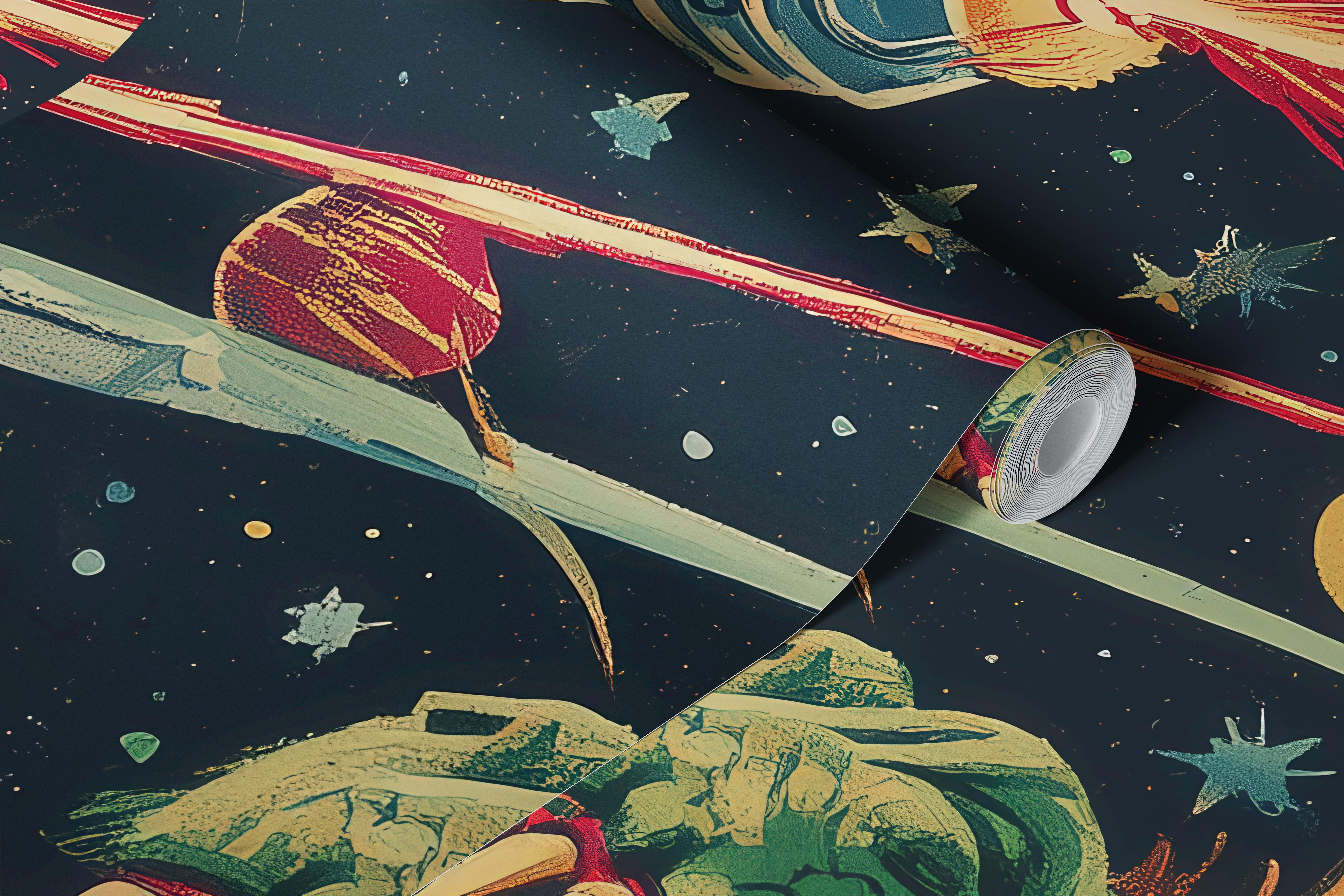 Colorful cosmic robot battling dragons in space wallpaper