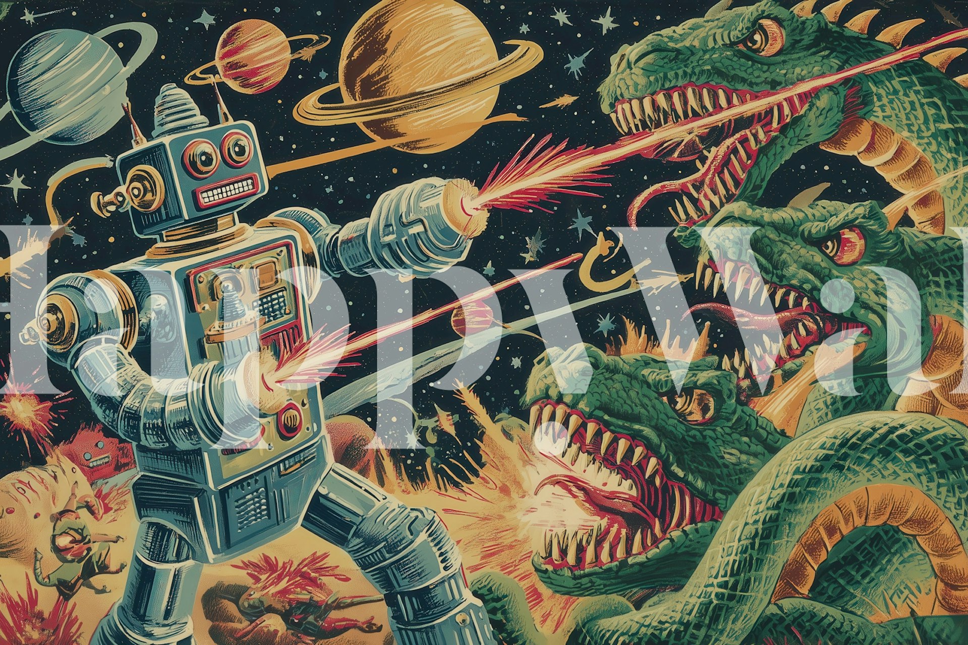 Cosmic Robot vs Dragons papel de parede em um quarto