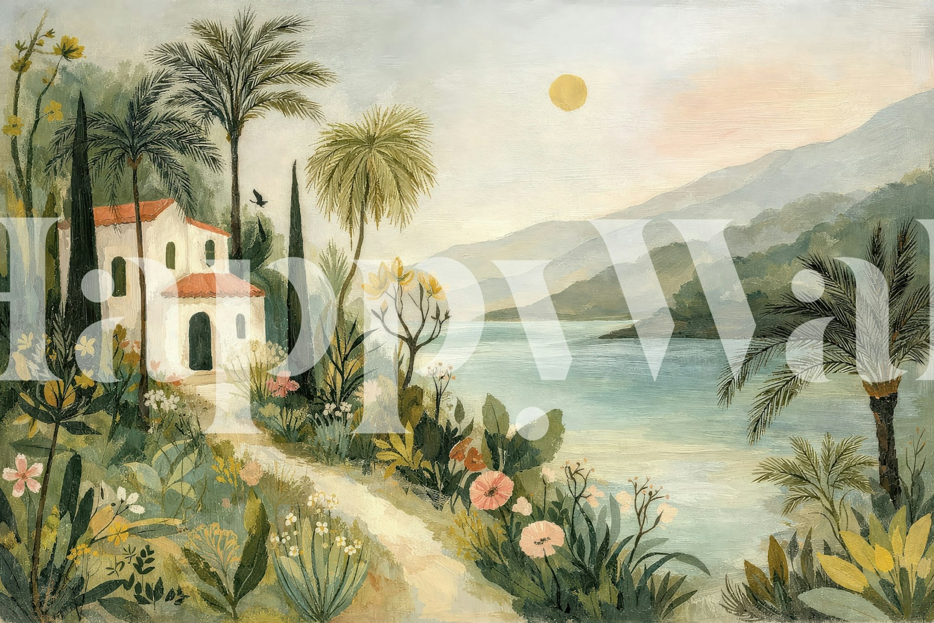 Lakeside landscape with soft colors, flowers, and a cottage wallpaper