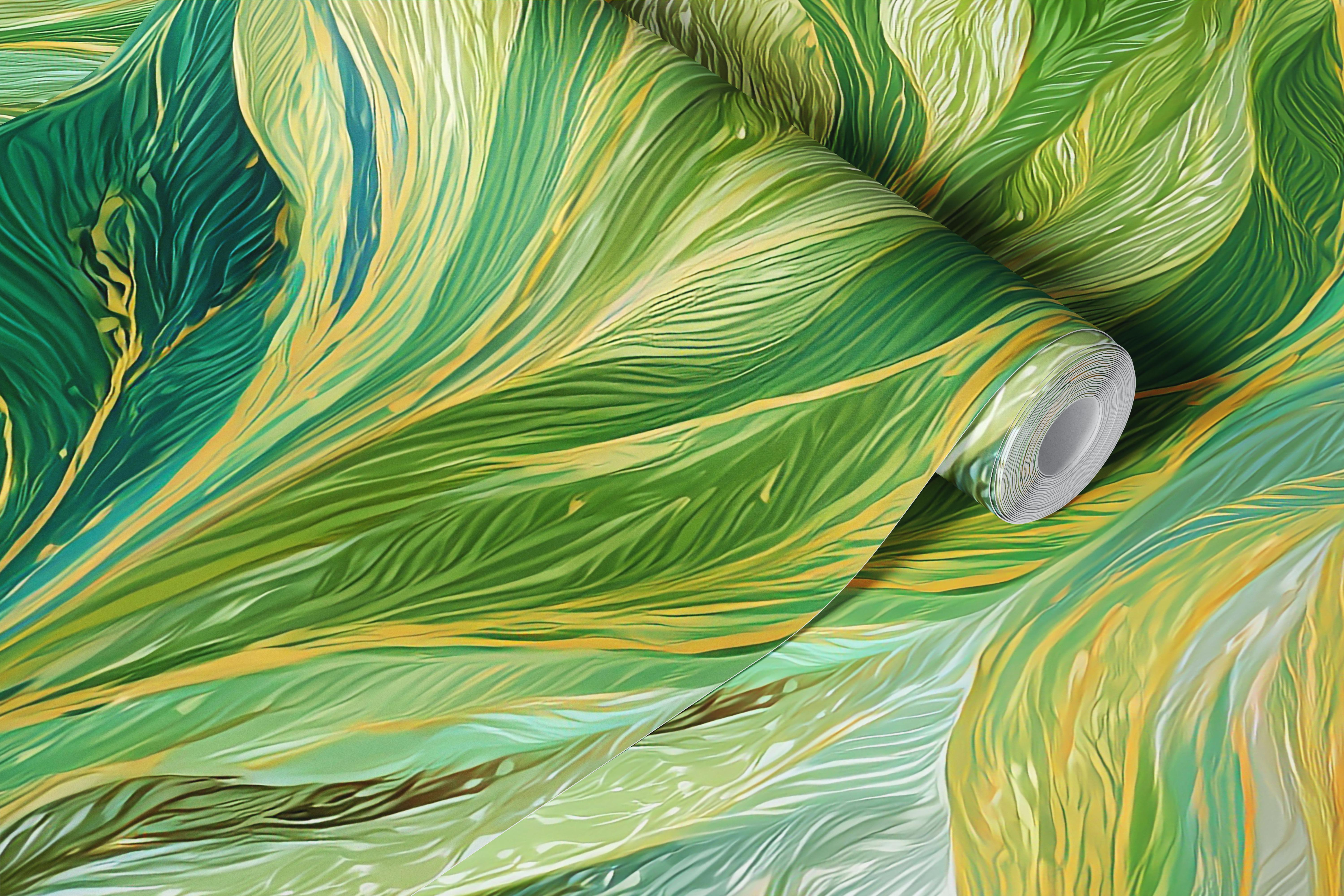 Green and beige leafy pattern wallpaper