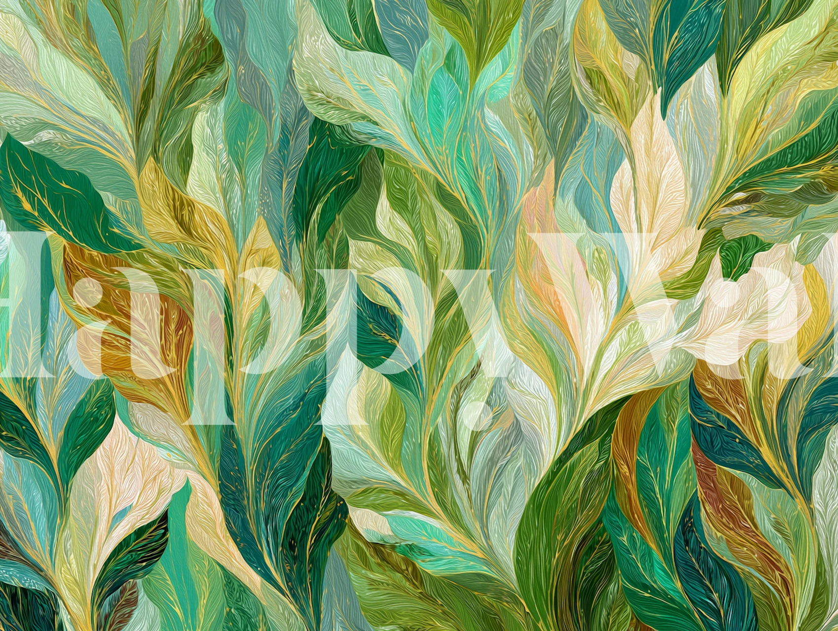 Green and beige leafy pattern wallpaper