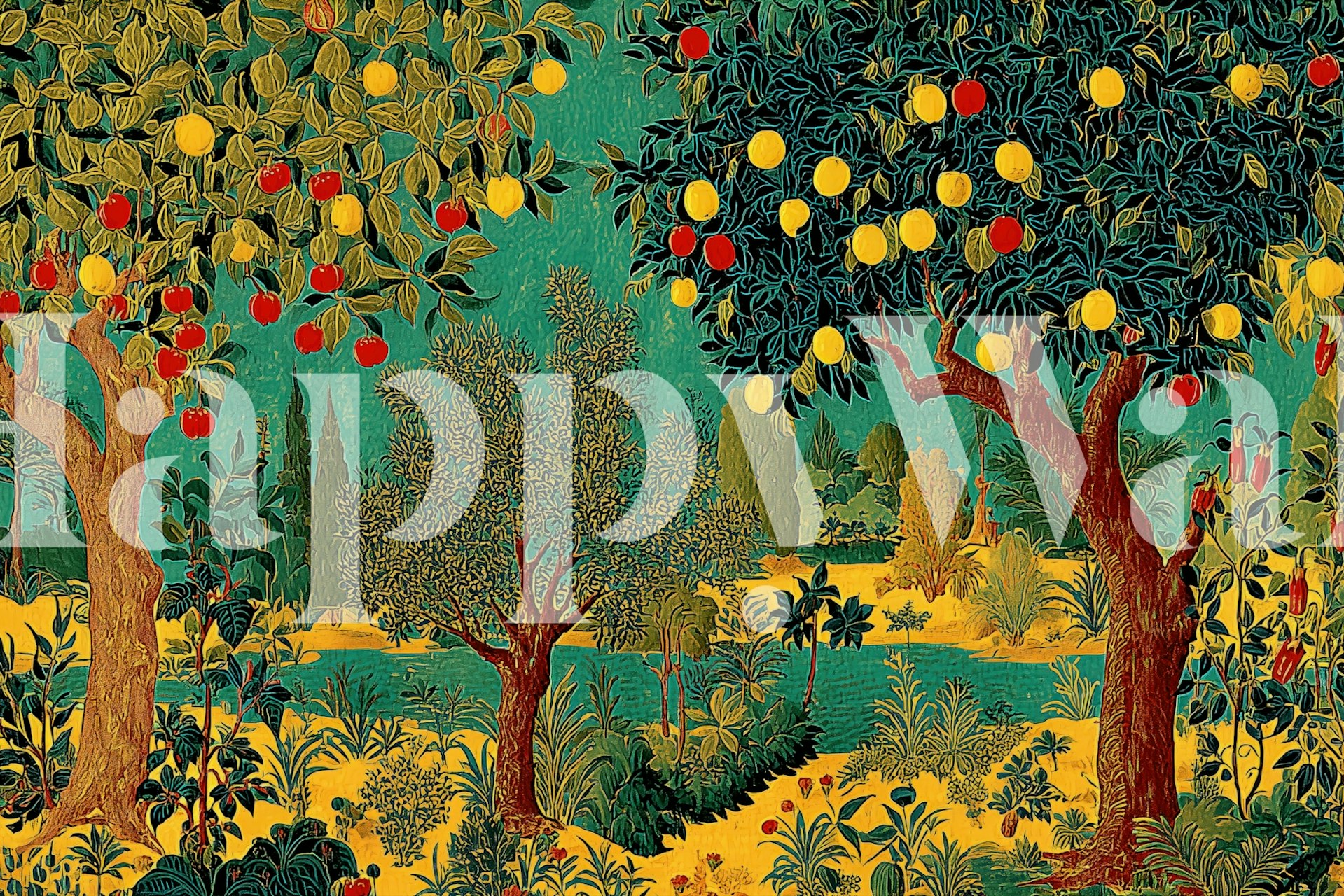 Colorful orchard landscape wallpaper with fruit trees and blue-green background