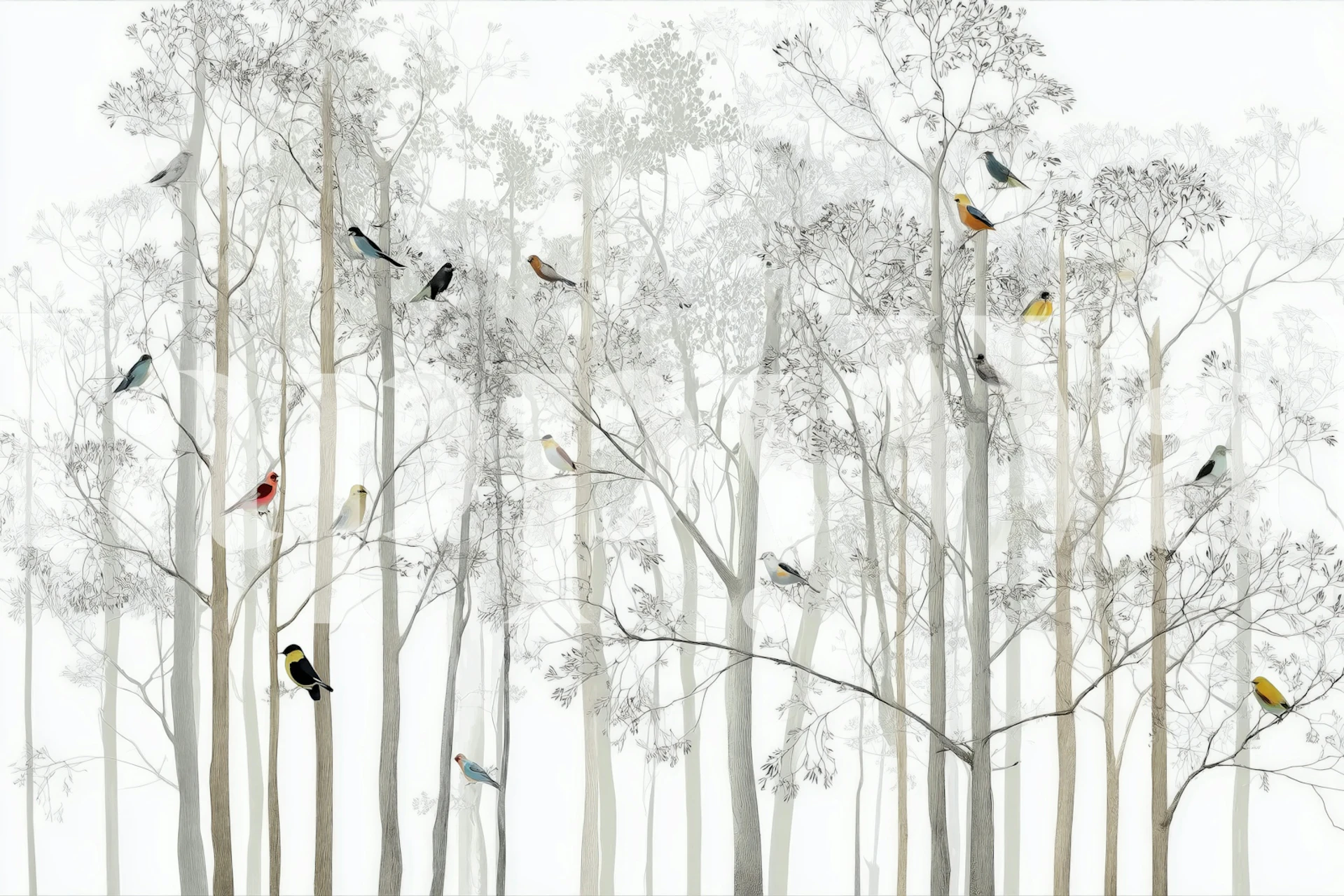 Wall mural featuring a serene forest with birds