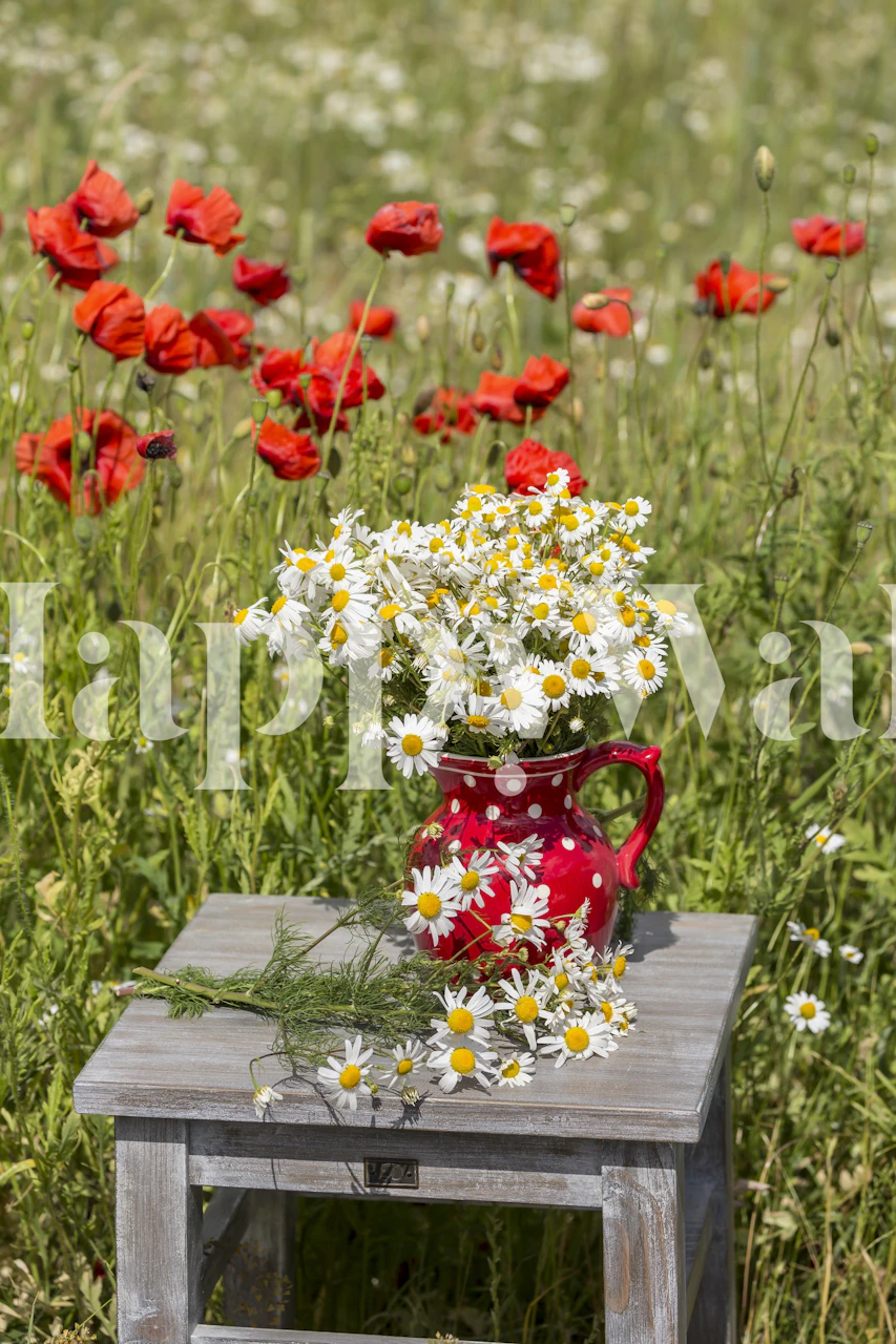 Flower still life wallpaper featuring a chair