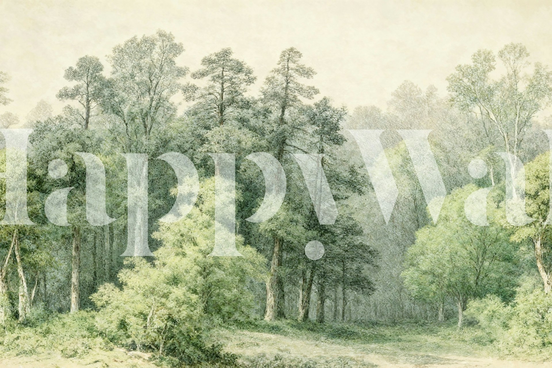 Lush green forest scene wallpaper with trees and foliage in soft colors