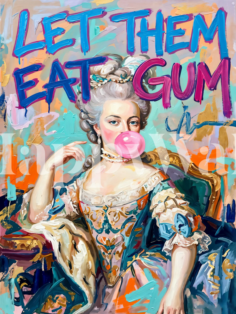 Painting of a woman blowing bubblegum with colorful background wallpaper
