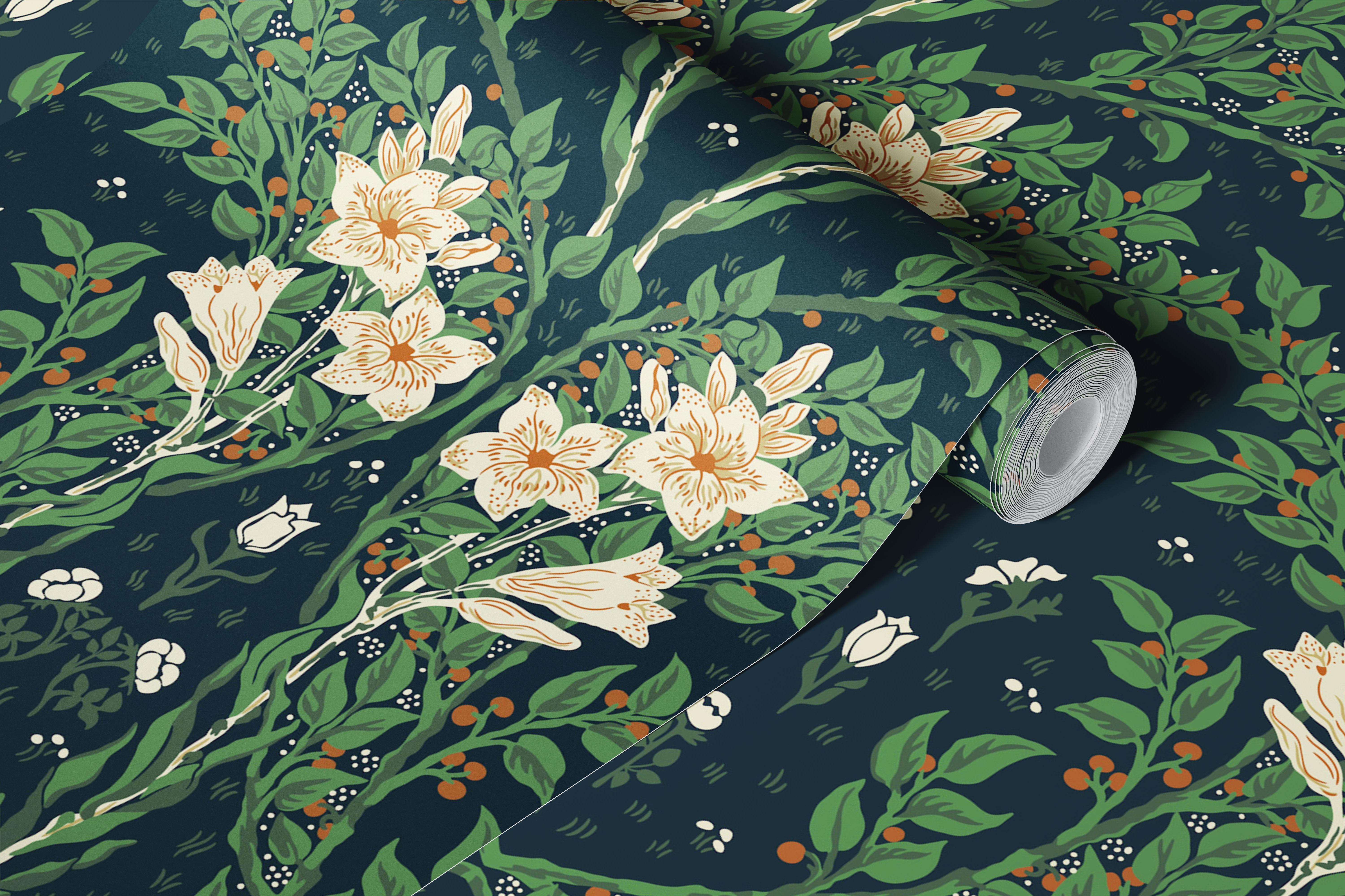 Floral green wallpaper featuring white flowers and botanical patterns