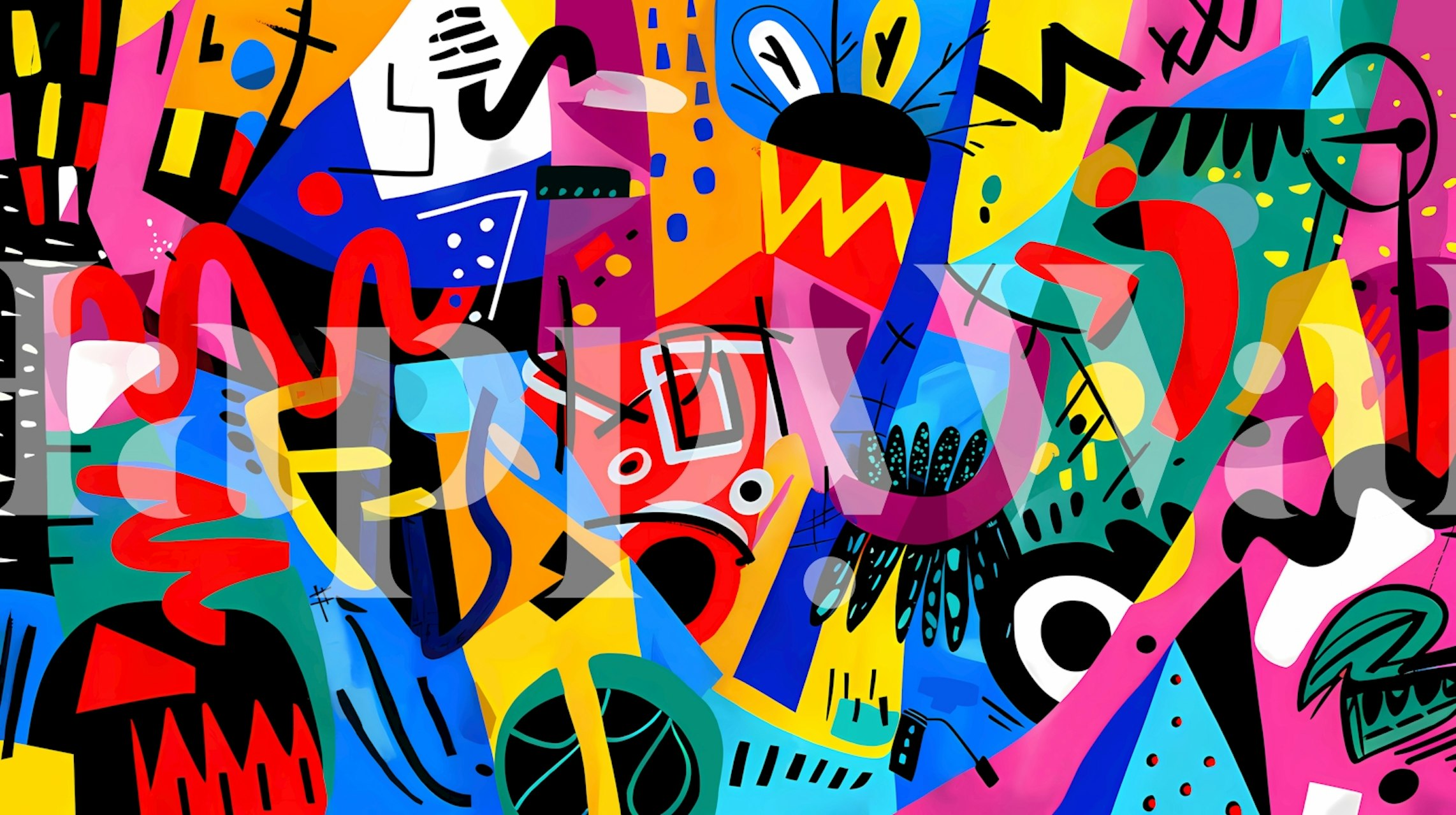 Colorful abstract shapes and patterns in blue, red, and yellow wallpaper