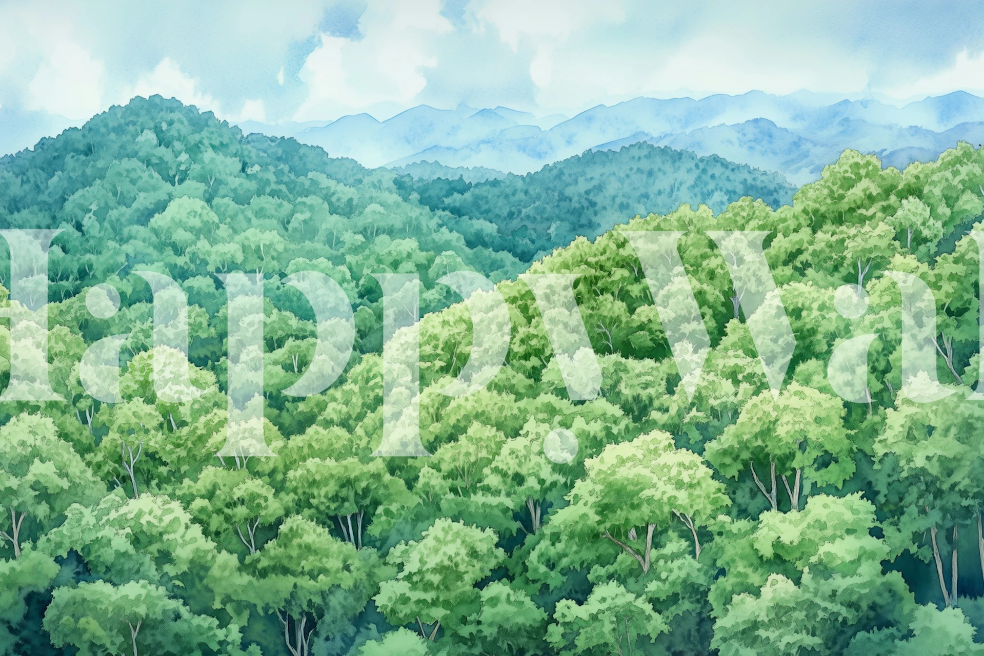 Lush green woodland trees and mountains in soft watercolor style wallpaper