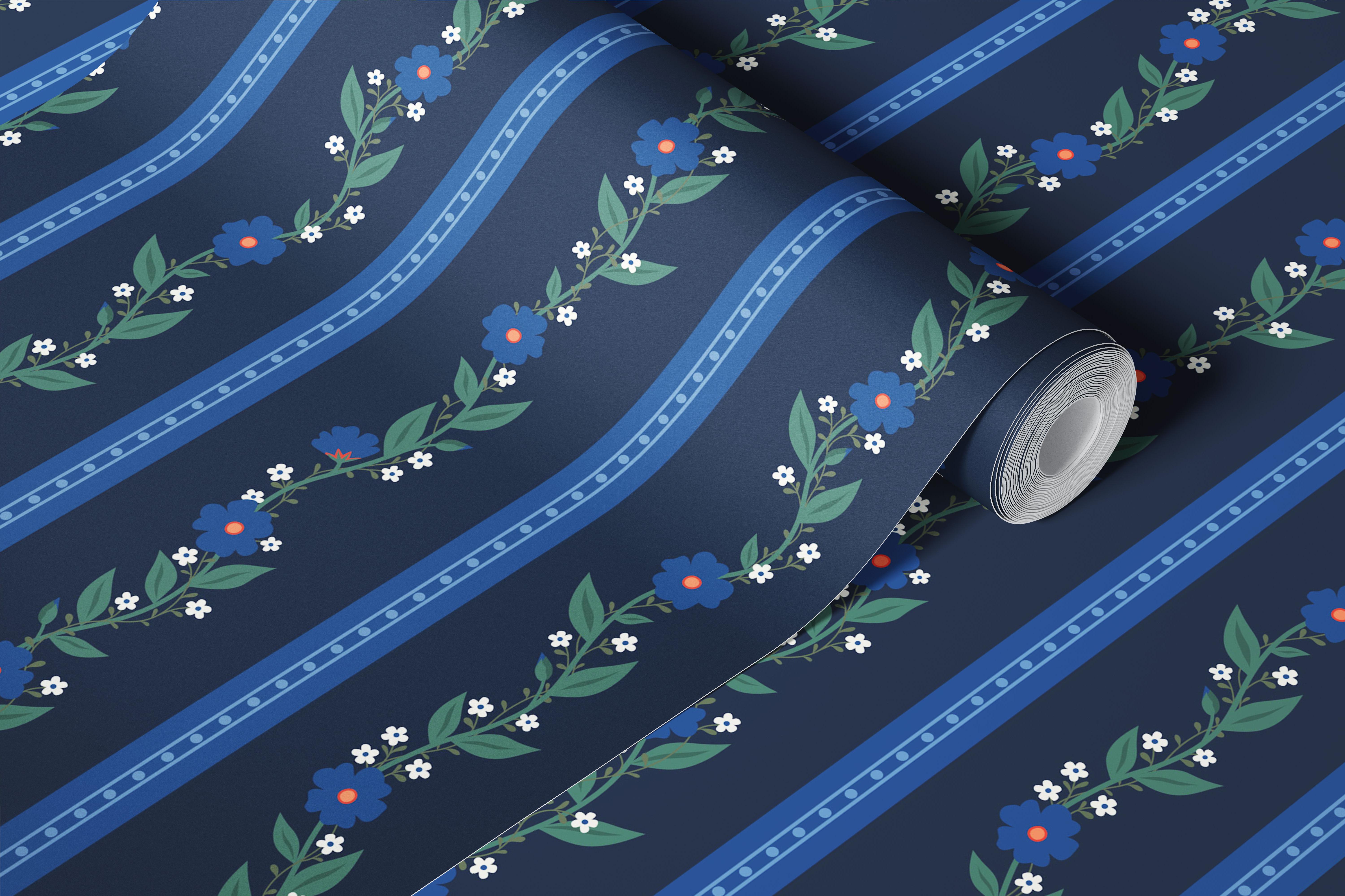 Floral striped pattern with blue and navy colors wallpaper