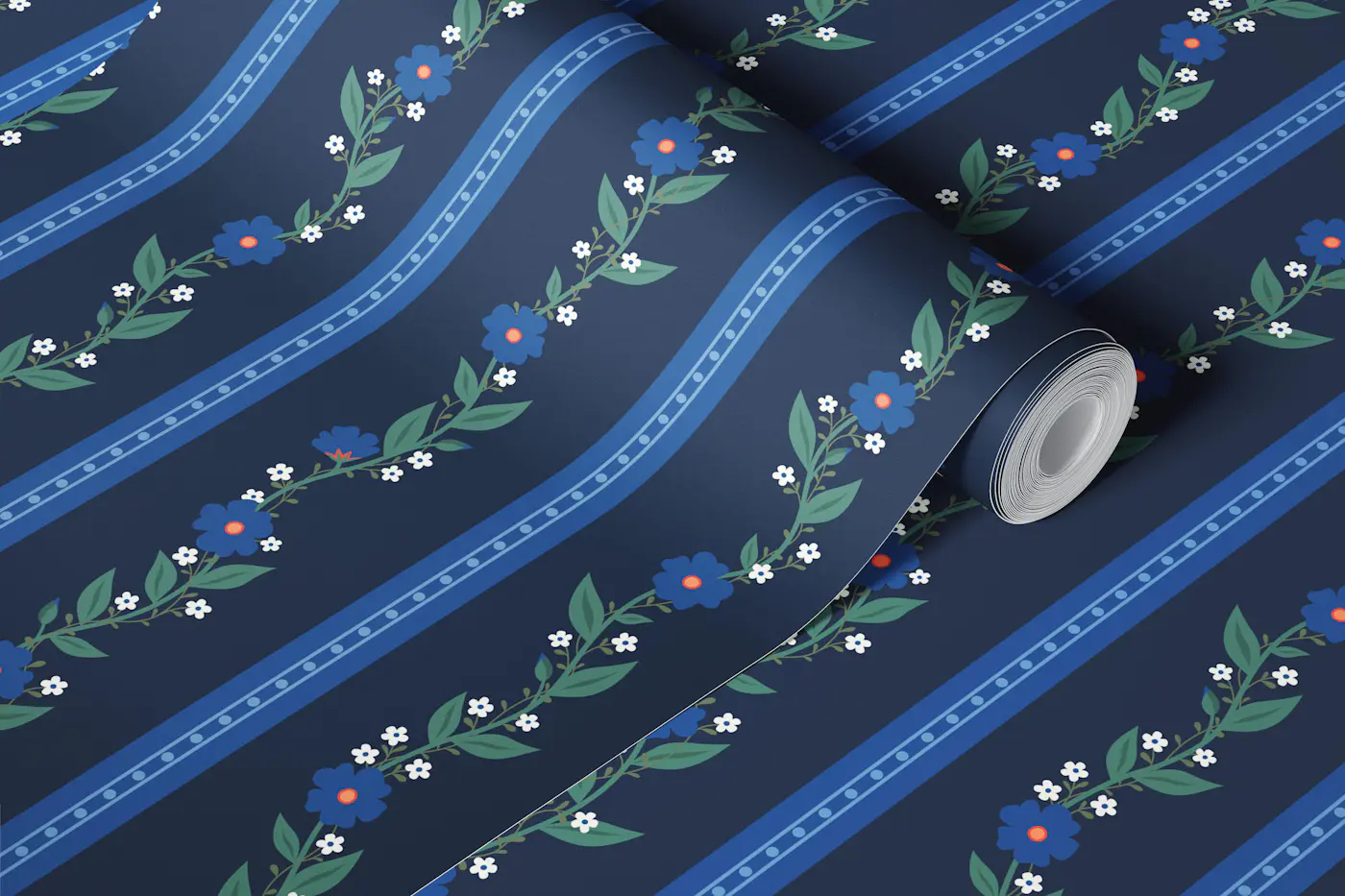 Trailing Floral stripes - blue on navy small wallpaper roll